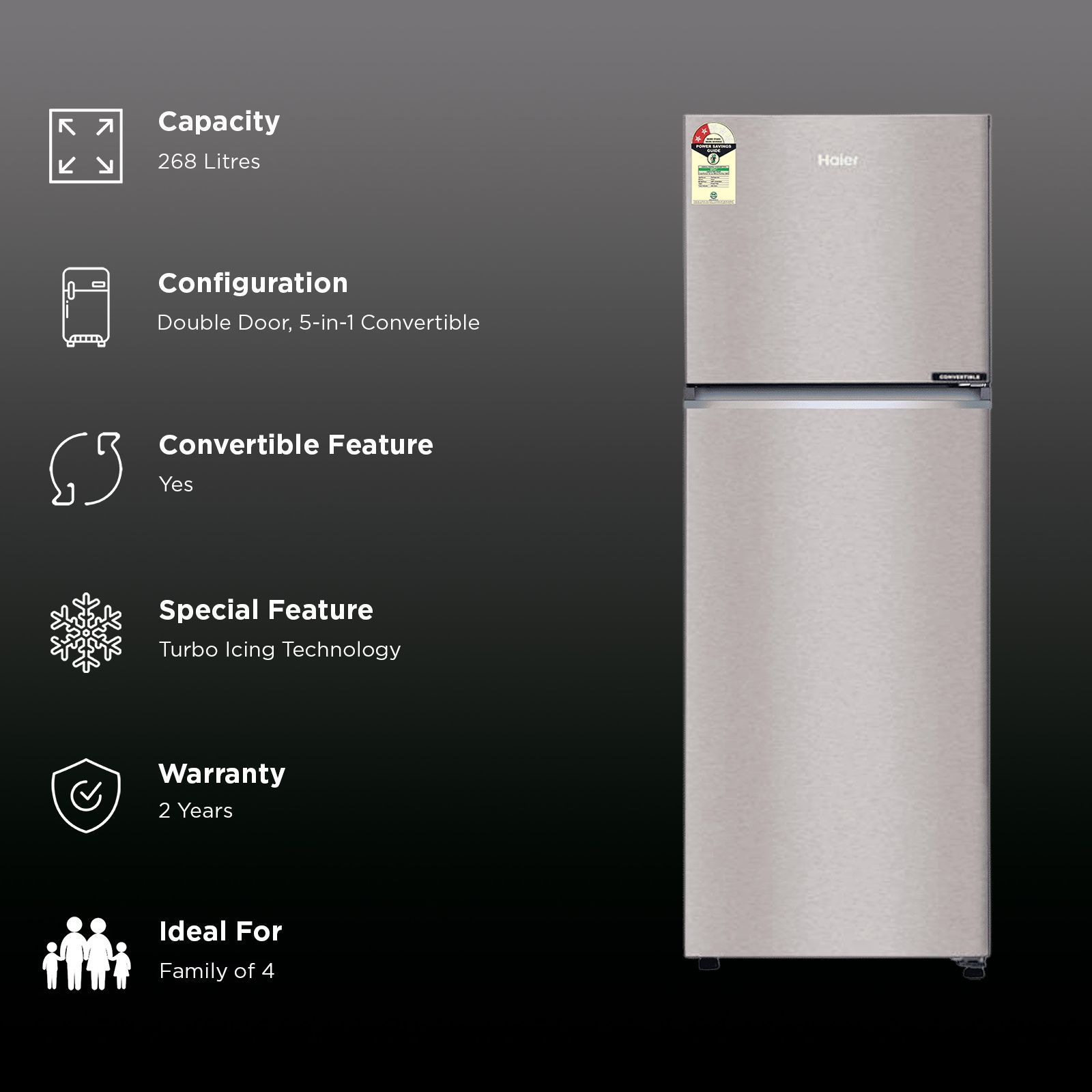 Haier 268 Litres 2 Star Frost Free Double Door Convertible Refrigerator with Turbo Icing Technology (HRF-3182IBNS-P, Nickel Steel)_2