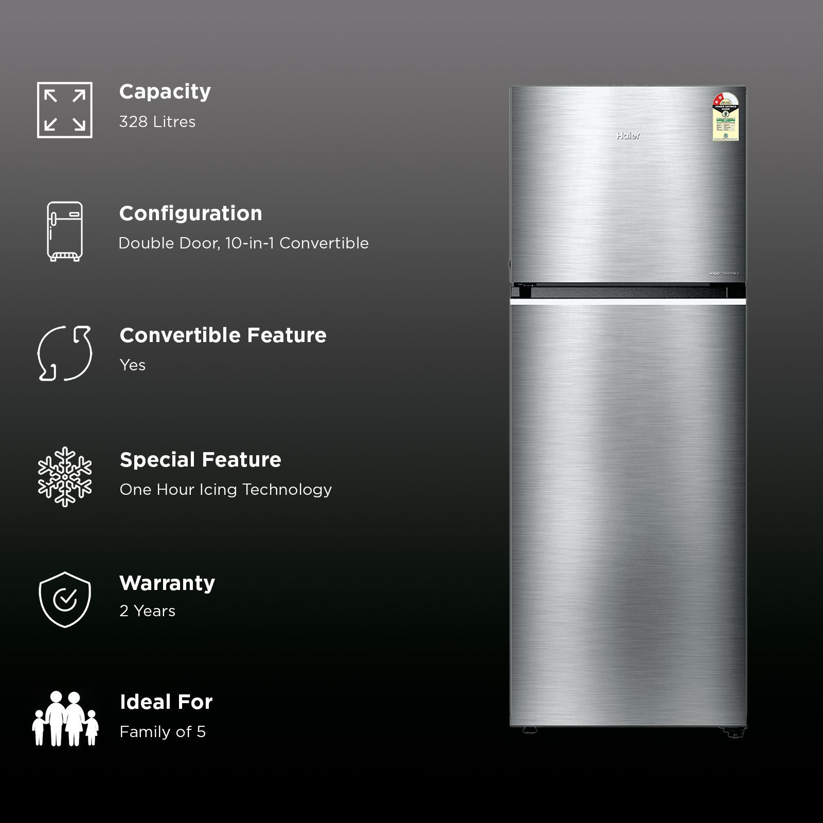 Haier 328 Litres 2 Star Frost Free Double Door Convertible Refrigerator with One Hour Icing Technology (HRF-3782BNS-P, Nickel Steel)_2