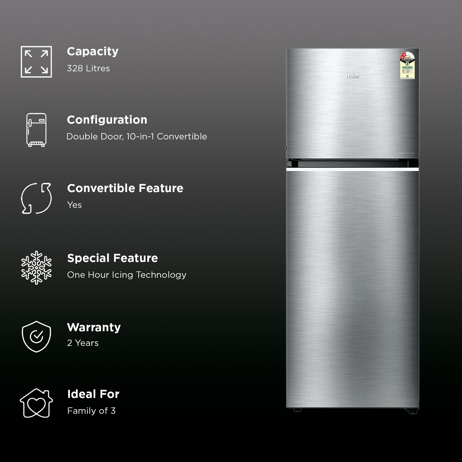 Haier 328 Litres 2 Star Frost Free Double Door Convertible Refrigerator with One Hour Icing Technology (HRF-3782BNS-P, Nickel Steel)_2