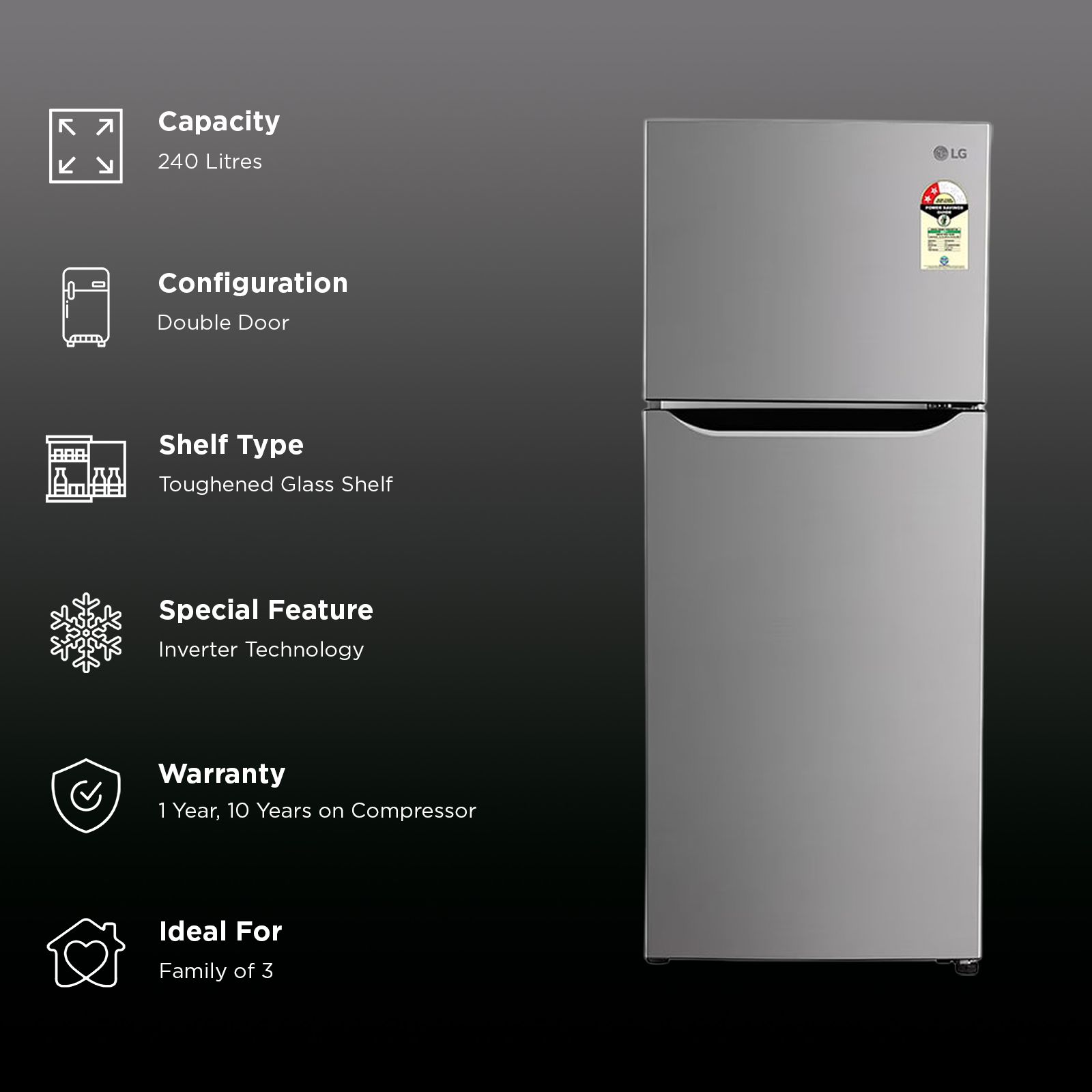 LG 240 Litres 2 Star Frost Free Double Door Convertible Refrigerator with MOIST ‘N’ FRESH Technology (GL-S292SPZY, Shiny Steel)_3