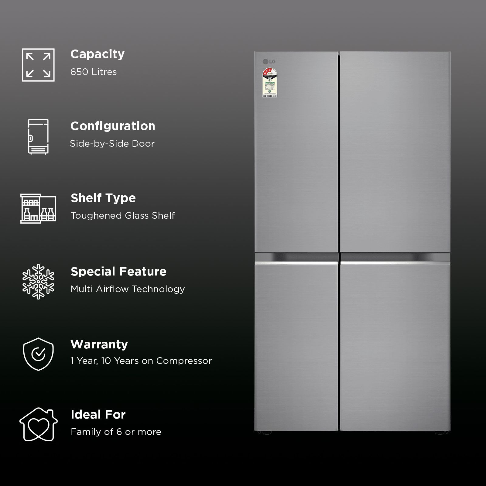 LG 650 Litres 3 Star Frost Free Side by Side Refrigerator with DoorCooling Plus Technology (GL- B257HPZ3, Shiny Steel) LG 650 Litres 3 Star Frost Free Side by Side Refrigerator with DoorCooling Plus Technology (GL- B257HPZ3, Shiny Steel)_3