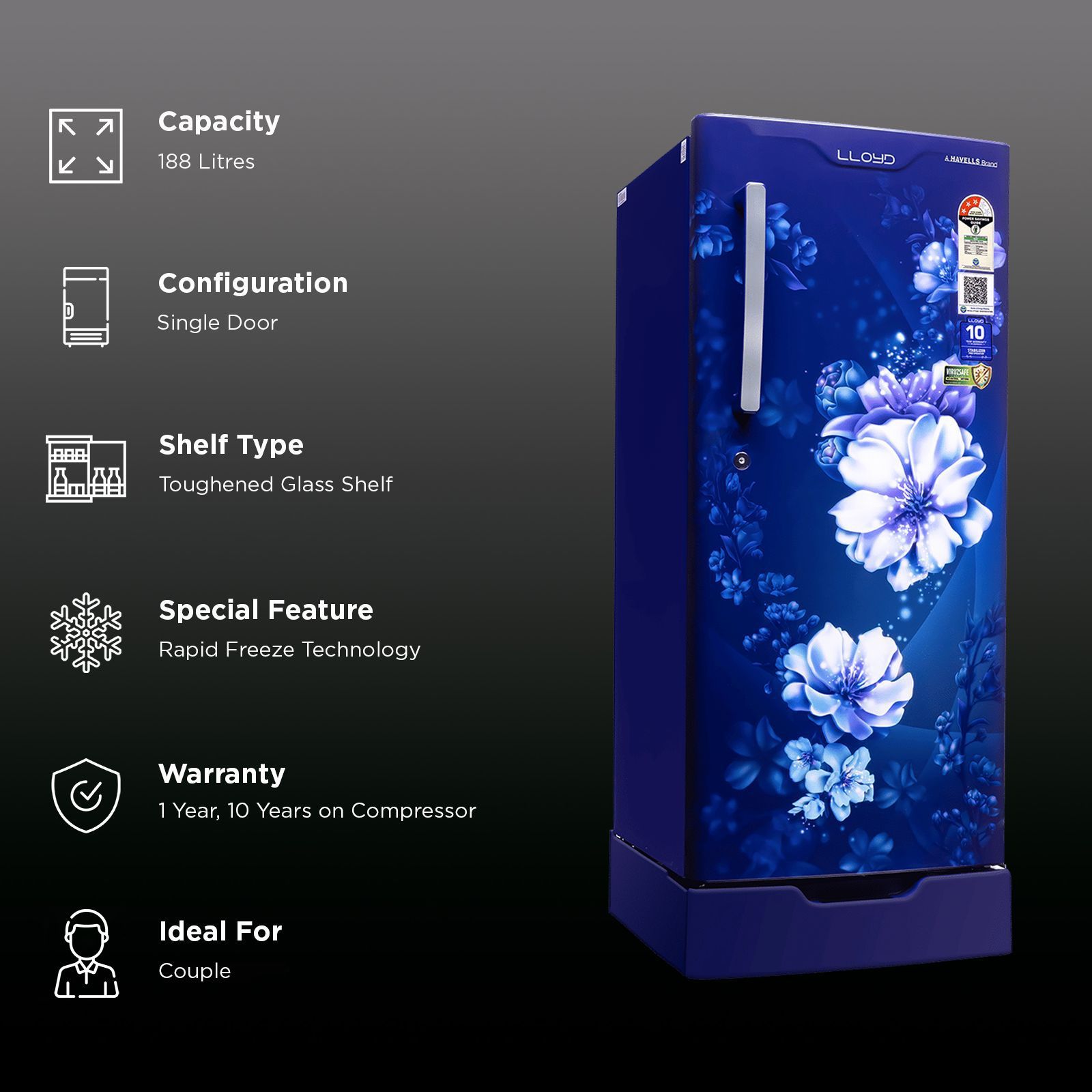 LLYOD 188 Litres 5 Star Direct Cool Single Door Refrigerator with Rapid Freeze Technology (GLDF205SCBS2LC, Cherry Blossom Blue) LLYOD 188 Litres 5 Star Direct Cool Single Door Refrigerator with Rapid Freeze Technology (GLDF205SCBS2LC, Cherry Blossom Blue)_2