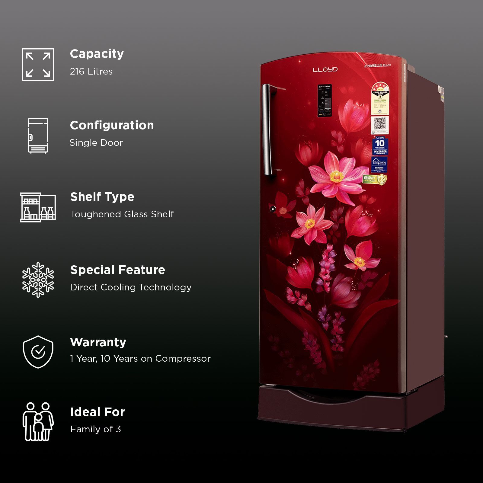 LLOYD 216 Litres 4 Star Direct Cool Single Door Refrigerator with Auto Defrost (GLDF244SOWB2LC, Ornate Wine)_2