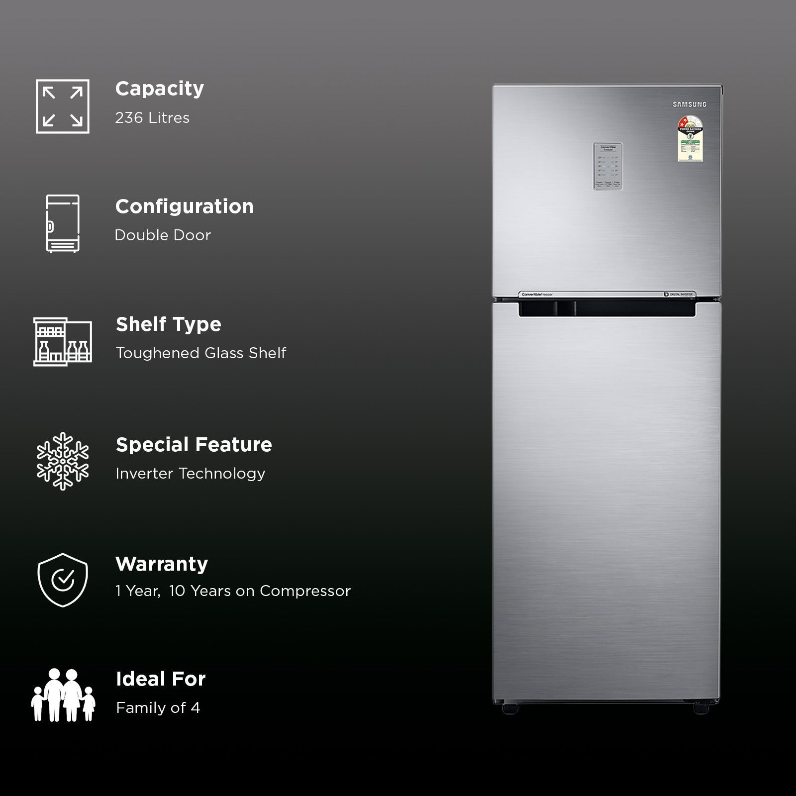 SAMSUNG 236 Litres 2 Star Frost Free Double Door Convertible Refrigerator with Convertible Freezer (RT28C3732S8/HL, Elegant Inox)_3