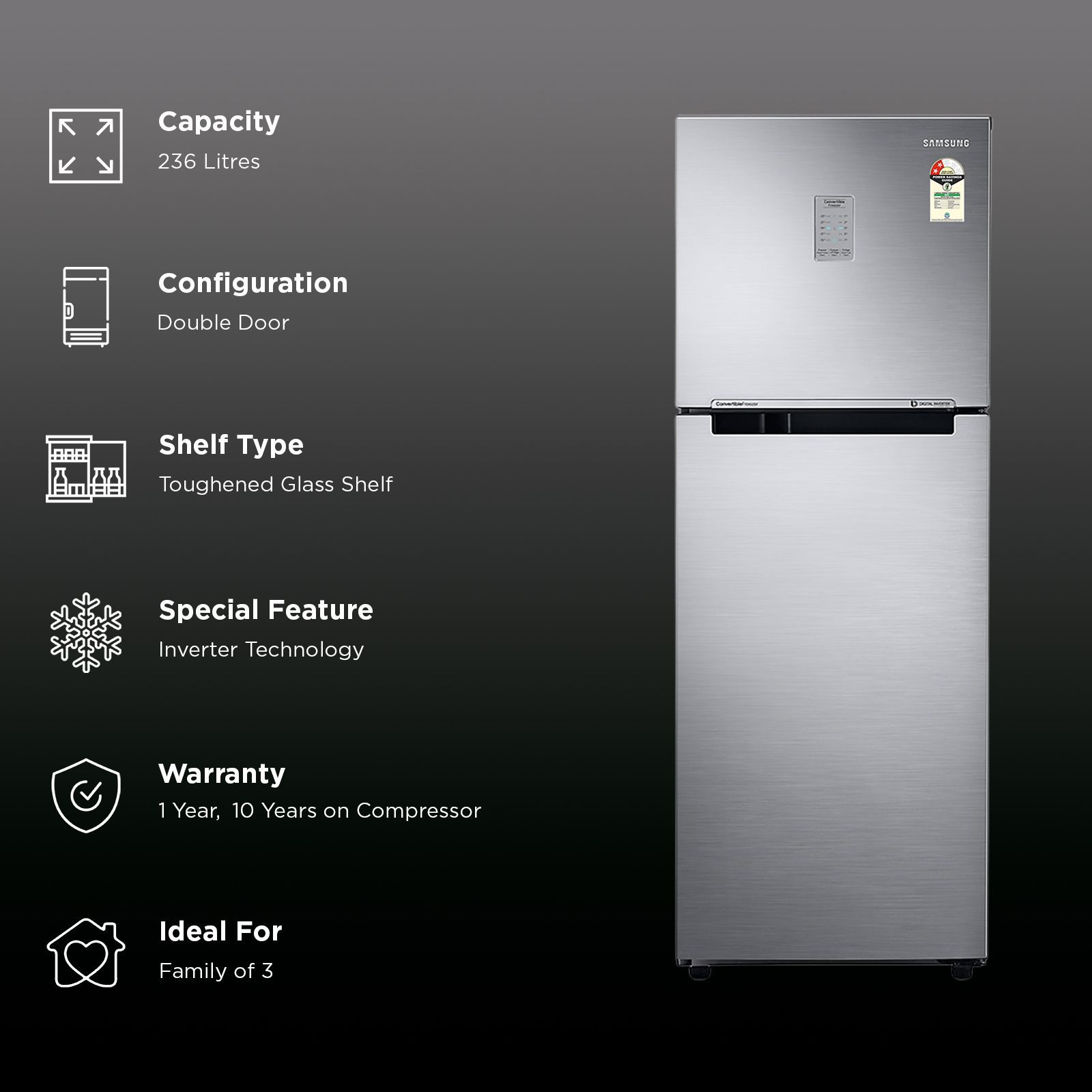 SAMSUNG 236 Litres 2 Star Frost Free Double Door Convertible Refrigerator with Convertible Freezer (RT28C3732S8/HL, Elegant Inox)_3