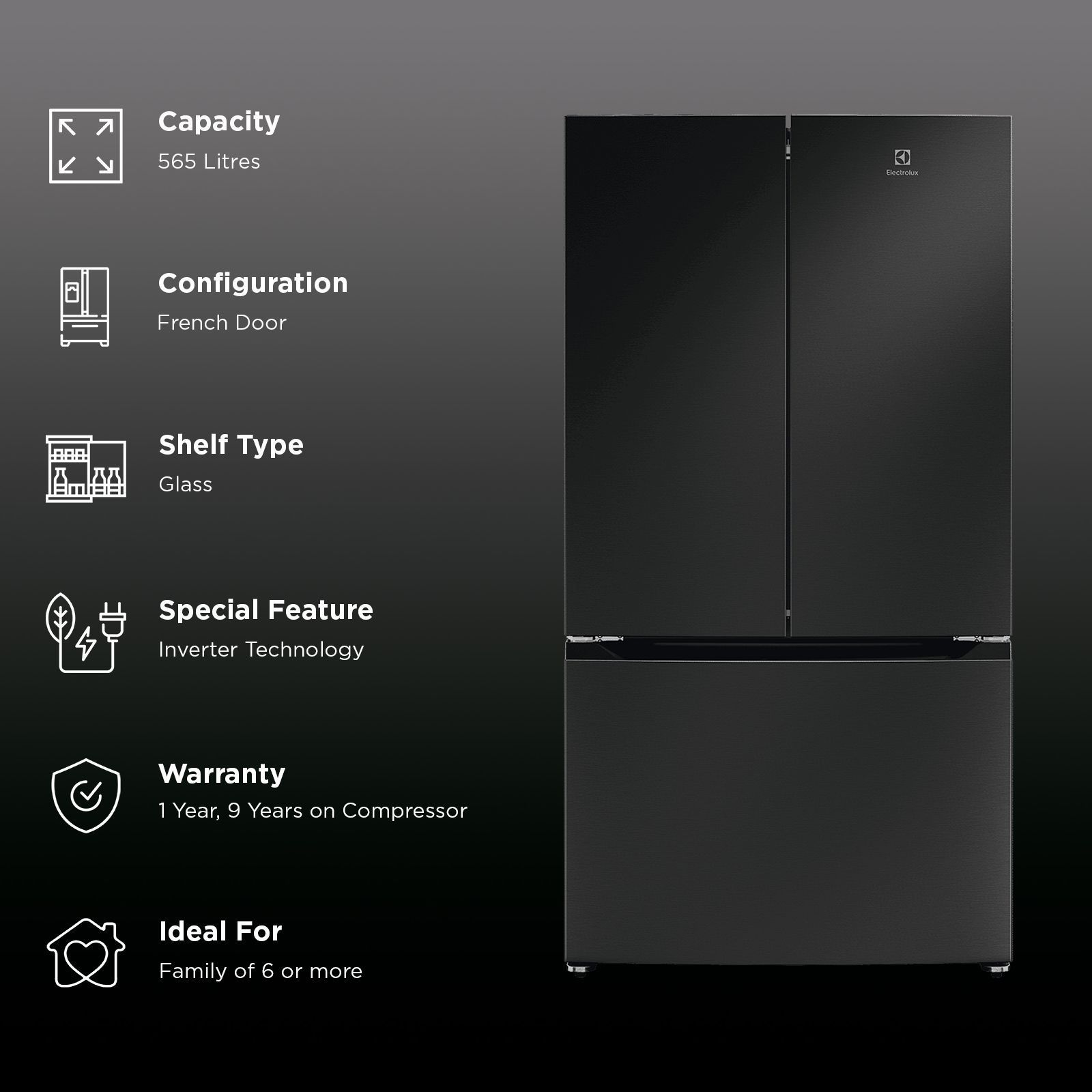 Electrolux 600 Series 565 Litres 4 Star Frost Free French Door Refrigerator with Electronic Touch Control (EHE5600D-B, Matt Charcoal Black) Electrolux 600 Series 565 Litres 4 Star Frost Free French Door Refrigerator with Electronic Touch Control (EHE5600D-B, Matt Charcoal Black)_2