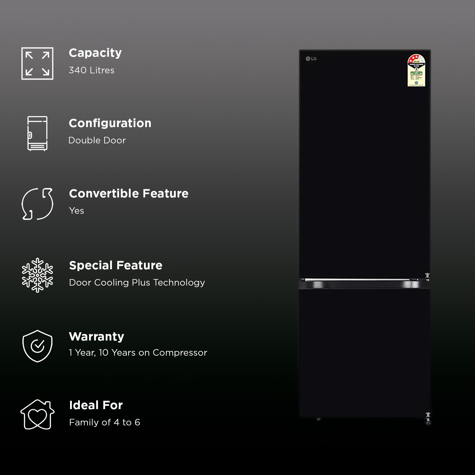 LG 340 Litres 3 Star Frost Free Double Door Bottom Mount Convertible Refrigerator with Smart Diagnosis (GL-B382EBMX, Black Mirror) LG 340 Litres 3 Star Frost Free Double Door Bottom Mount Convertible Refrigerator with Smart Diagnosis (GL-B382EBMX, Black Mirror)_2