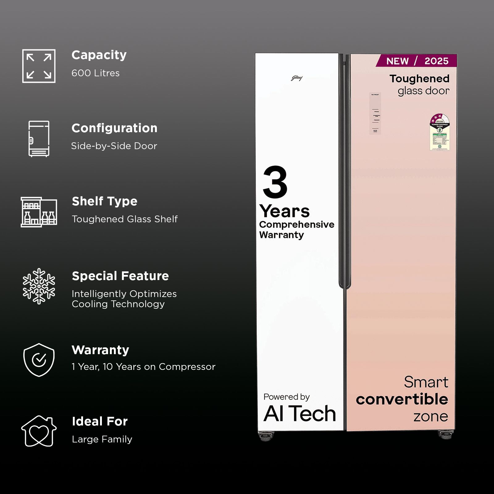 Godrej 600 Litres 3 Star Frost Free Side by Side Refrigerator with Powered By AI (RS EONVELVET 646C RIT, Opera Rose)_2