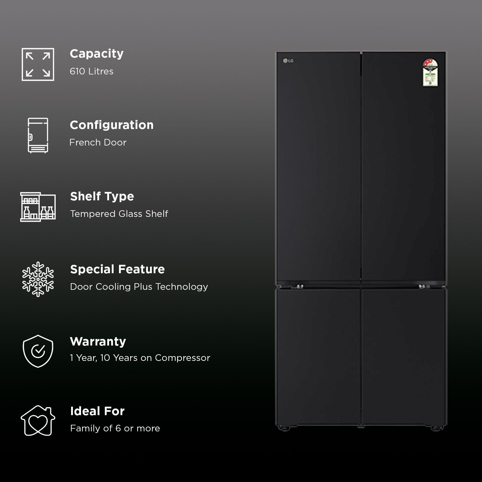 LG 610 Litres 3 Star Frost Free French Door Smart Wifi Enabled Refrigerator with Hygiene Fresh Plus (GV-B25FFGMB, Black Glass)_2