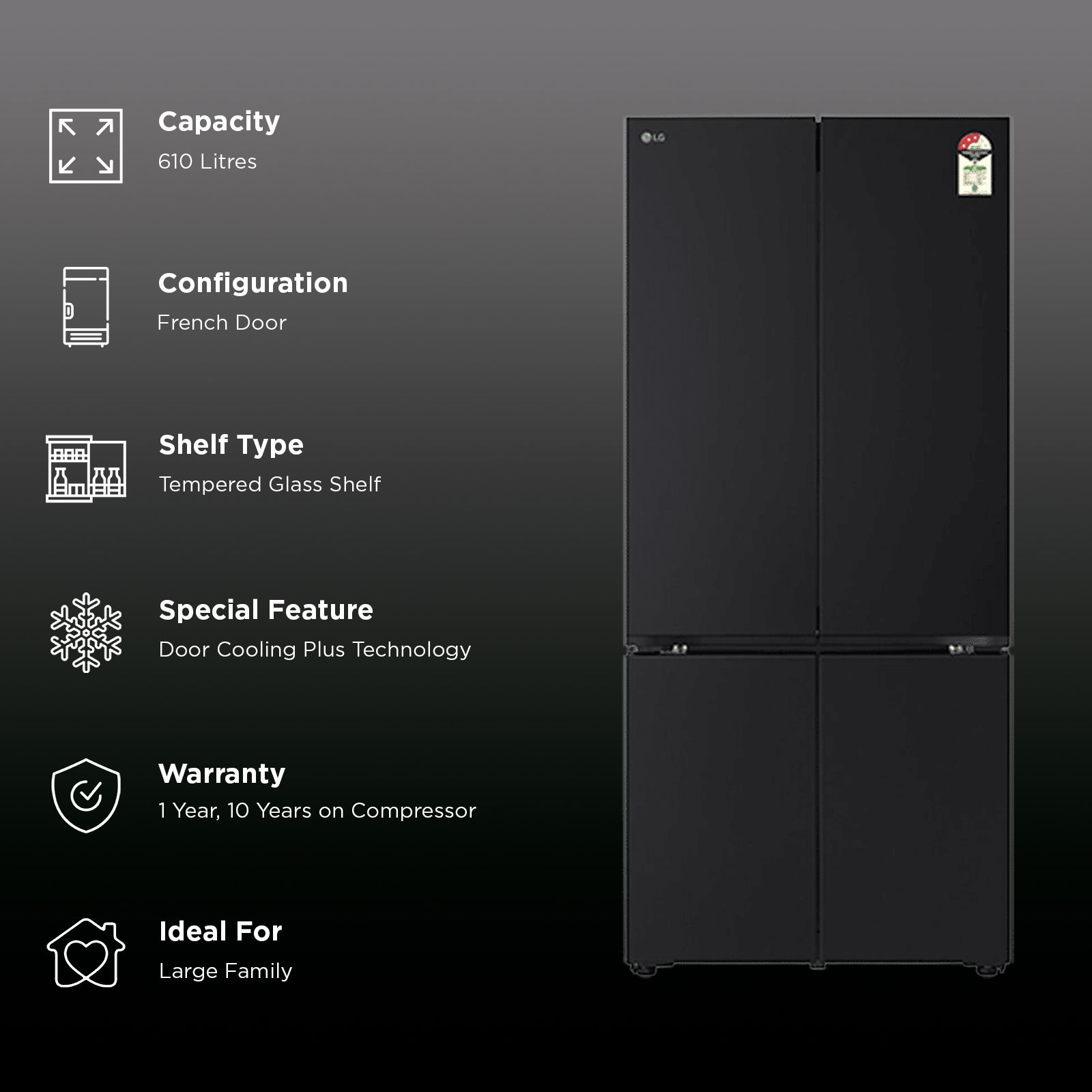 LG 610 Litres 3 Star Frost Free French Door Smart Wifi Enabled Refrigerator with Hygiene Fresh Plus (GV-B25FFGMB, Black Glass)_2