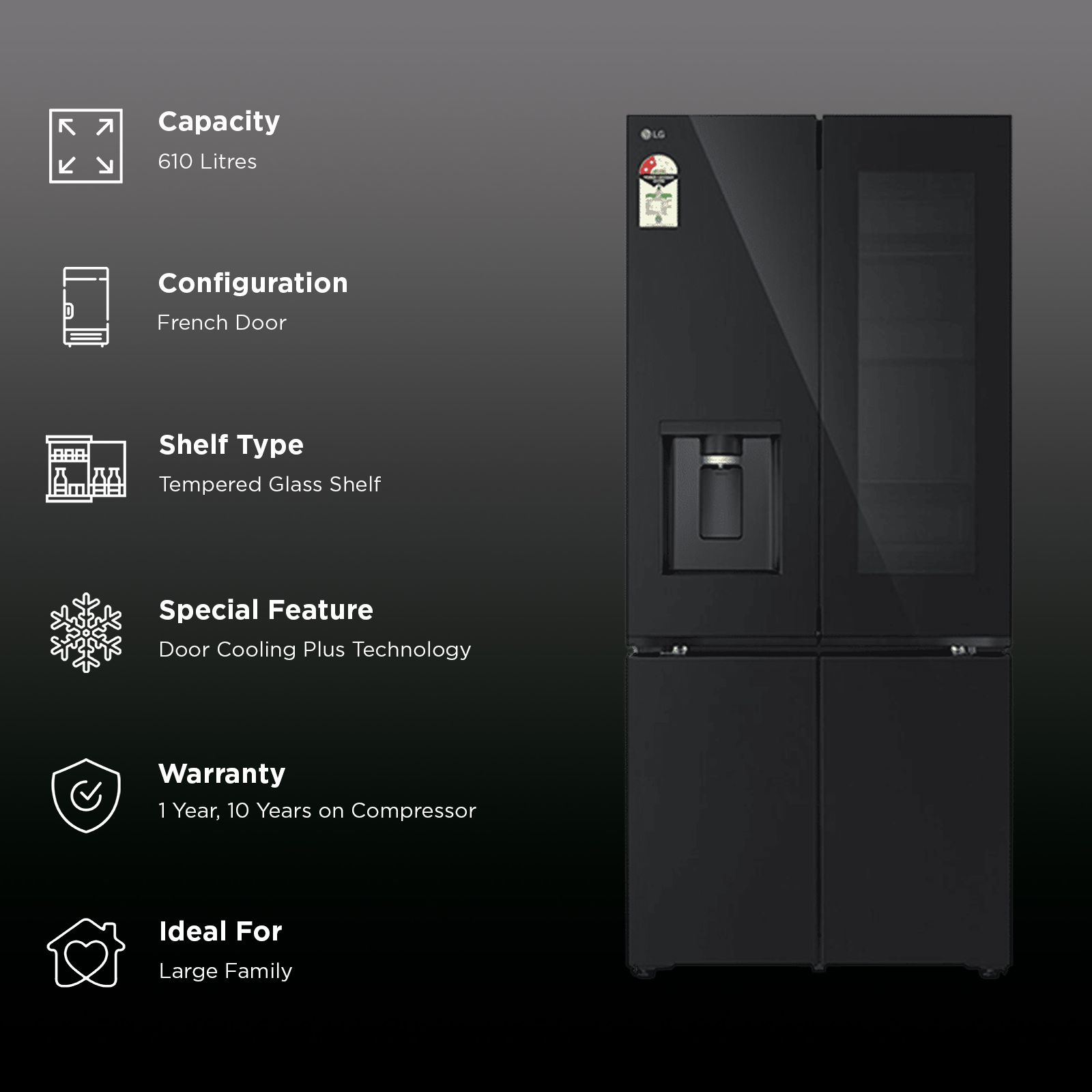 LG 610 Litres 2 Star Frost Free French Door Smart Wifi Enabled Refrigerator with InstaView (GV-K25FFGFB, Black Glass)_2