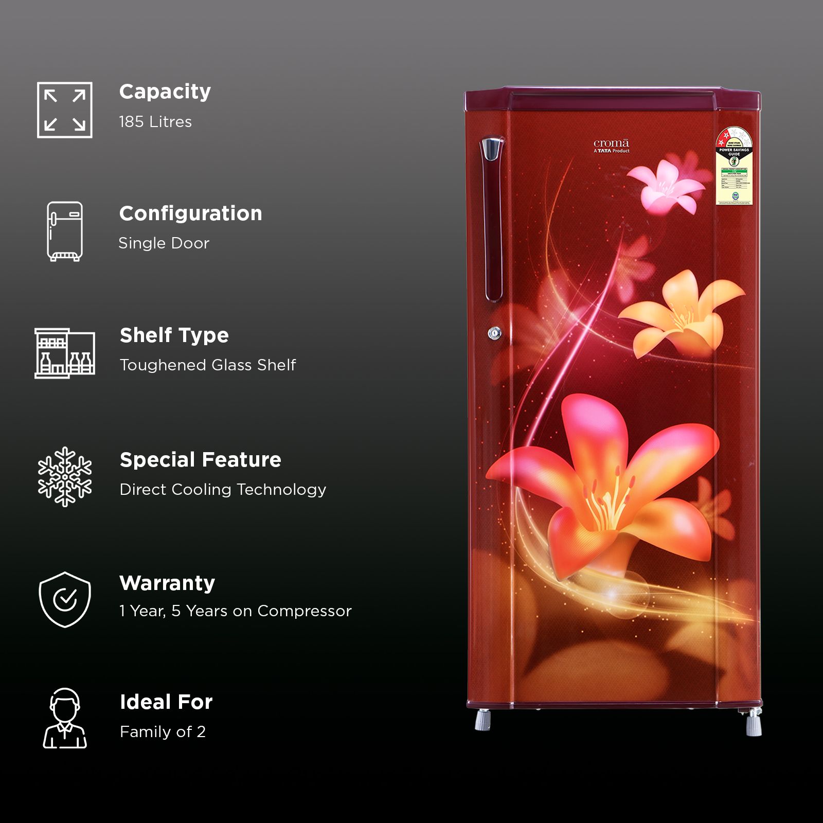 Croma 185 Litres 2 Star Direct Cool Single Door Refrigerator with Anti Fungal Gasket (Red Erika)_2