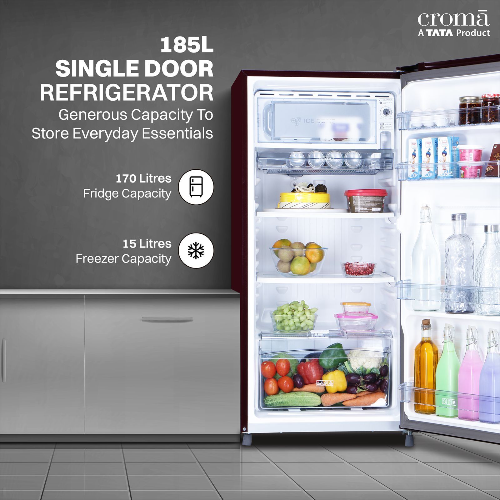 Croma 185 Litres 2 Star Direct Cool Single Door Refrigerator with Anti Fungal Gasket (Red Erika)_4
