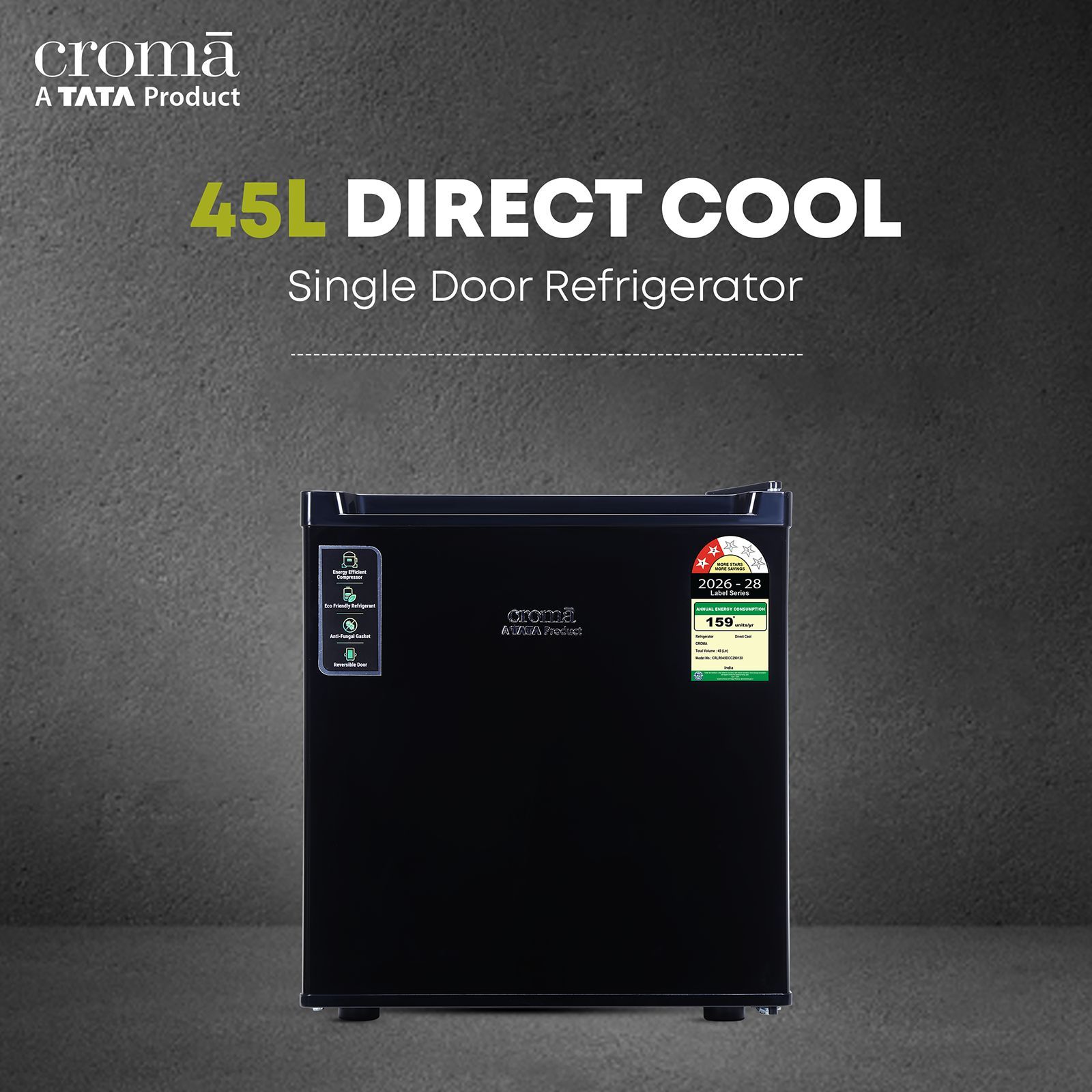 Croma 45 Litres 2 Star Direct Cool Single Door Refrigerator with Anti Fungal Gasket (Black) Croma 45 Litres 2 Star Direct Cool Single Door Refrigerator with Anti Fungal Gasket (Black)_4