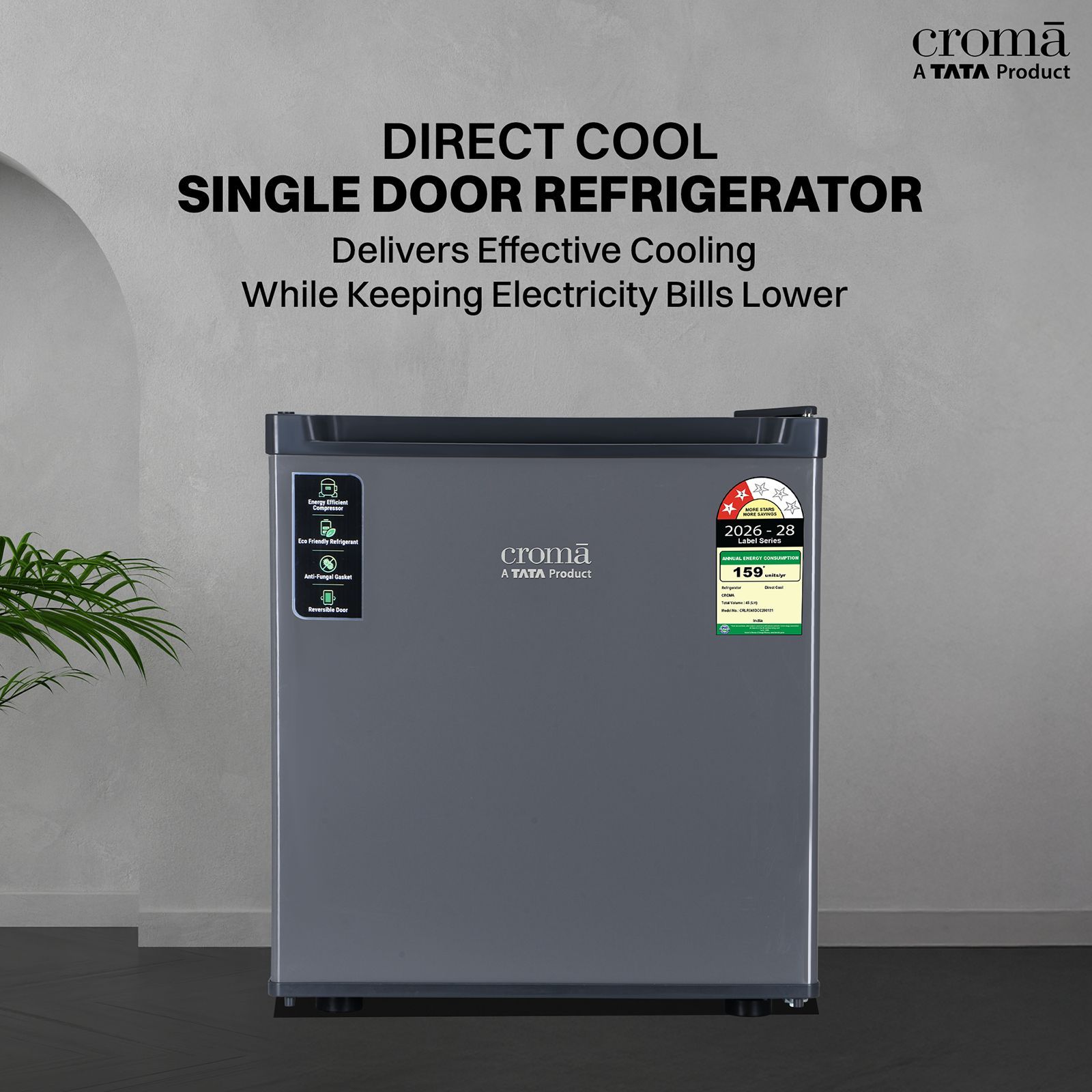 Croma 45 Litres 2 Star Direct Cool Single Door Mini Refrigerator with Anti Fungal Gasket (Gray)_4