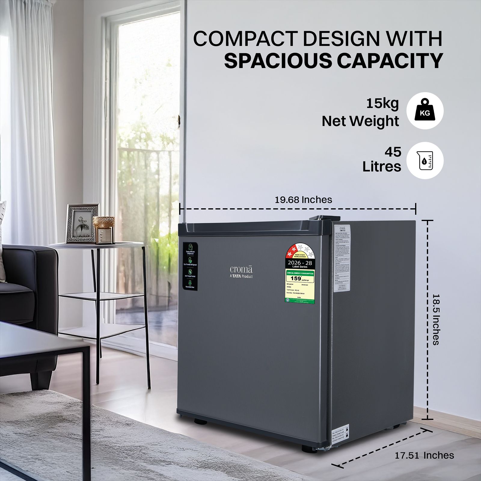 Croma 45 Litres 2 Star Direct Cool Single Door Mini Refrigerator with Anti Fungal Gasket (Gray)_6