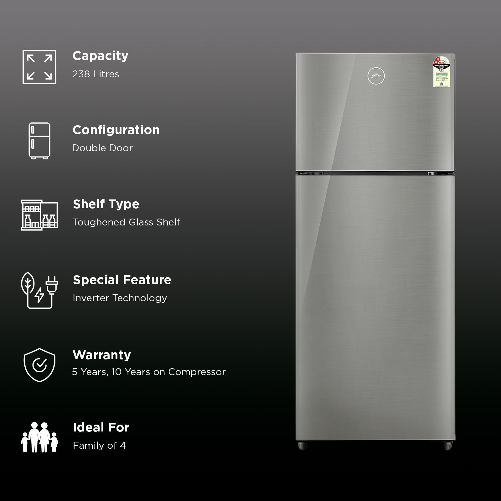 Godrej Eon Alpha 238 Litres 2 Star Frost Free Double Door Refrigerator with Nano Shield Technology (RT EONALPHA 270BN RI ST GL, Steel Grey) (2026 Model)_2