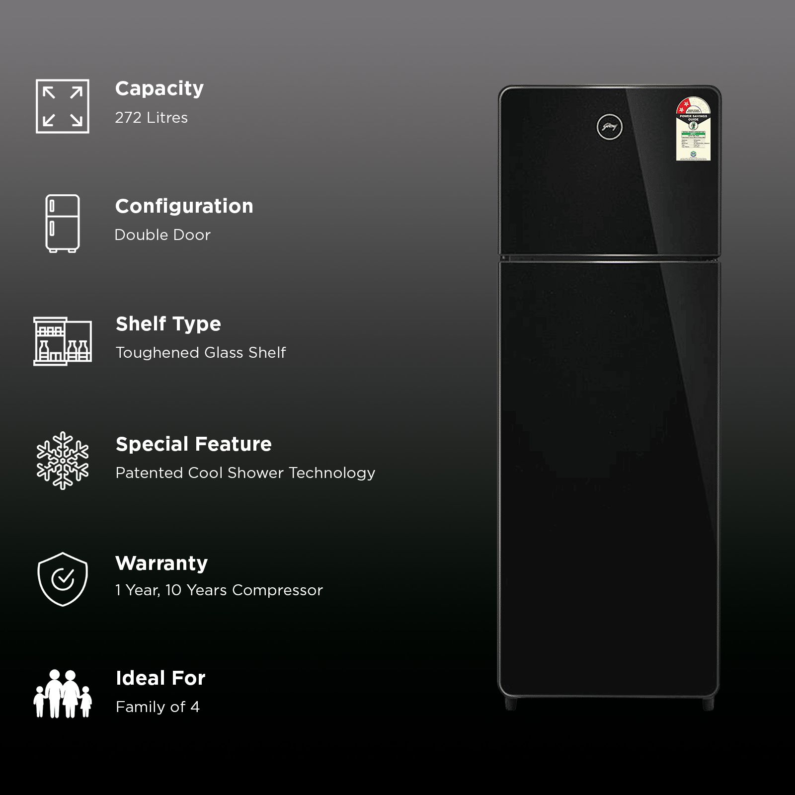 Godrej Eon Crystal 272 Litres 2 Star Frost Free Double Door Bottom Mount Refrigerator with Inverter Technology (RT EONCRYSTAL 310BN RI OB, Black) (2026 Model) (2026 Model)_2