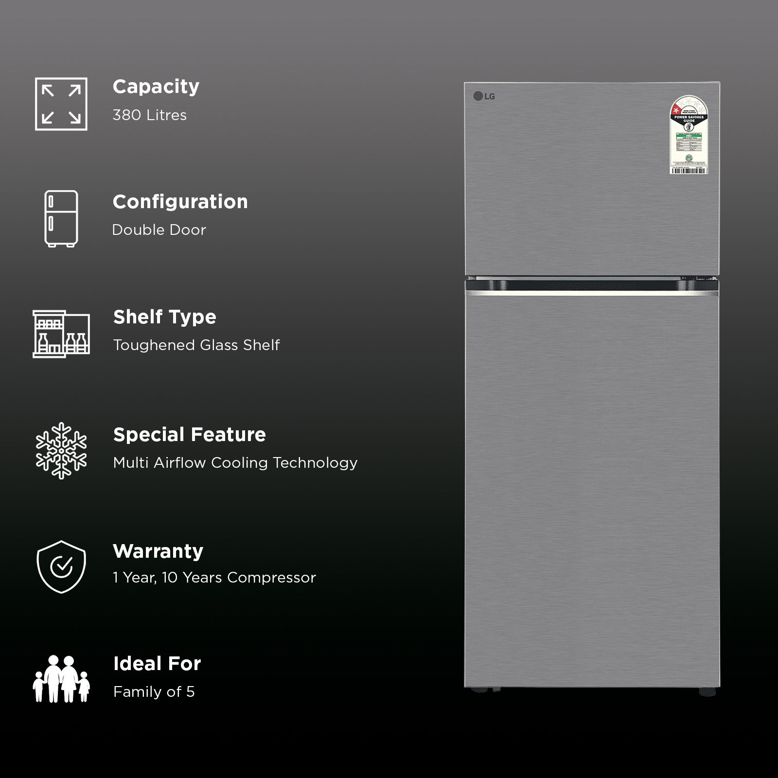 LG 380 Litres 1 Star Frost Free Double Door Refrigerator with Multi Air Flow (GLT3816NFDS, Dazzle Steel) (2026 Model)_2