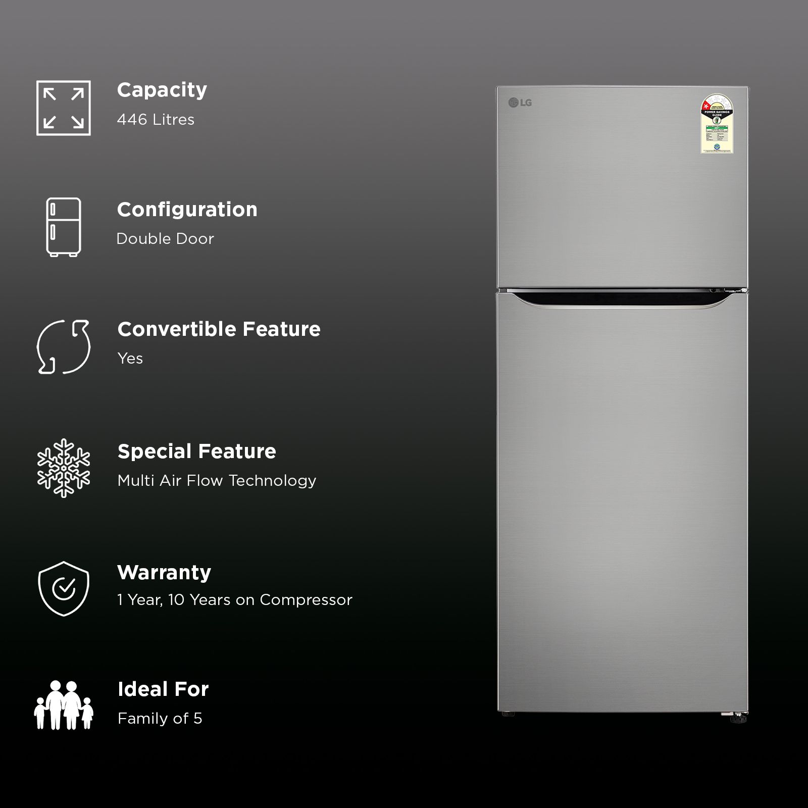 LG 446 Litres 1 Star Frost Free Double Door Convertible Refrigerator with Multi Air Flow (GLT4416CCPZ, Shiny Steel) (2026 Model) (2026 Model)_2