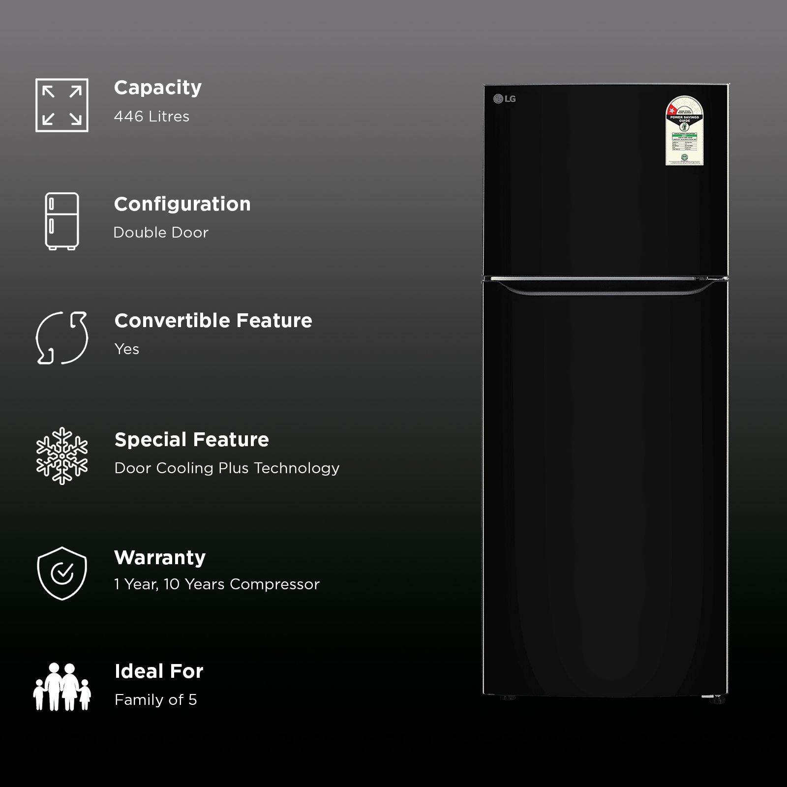 LG 446 Litres 1 Star Frost Free Double Door Convertible Refrigerator with Multi Air Flow (GLT4416CCES, Ebony Sheen) (2026 Model) LG 446 Litres 1 Star Frost Free Double Door Convertible Refrigerator with Multi Air Flow (GLT4416CCES, Ebony Sheen) (2026 Model)_2
