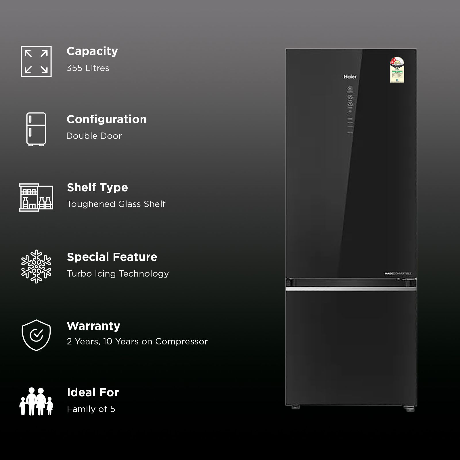 Haier 355 Litres 2 Star Frost Free Double Door Bottom Mount Convertible Refrigerator with Triple Inverter Technology (HRB-4052PKGA-P, Black Glass) (2026 Model) (2026 Model) Haier 355 Litres 2 Star Frost Free Double Door Bottom Mount Convertible Refrigerator with Triple Inverter Technology (HRB-4052PKGA-P, Black Glass) (2026 Model) (2026 Model)_2