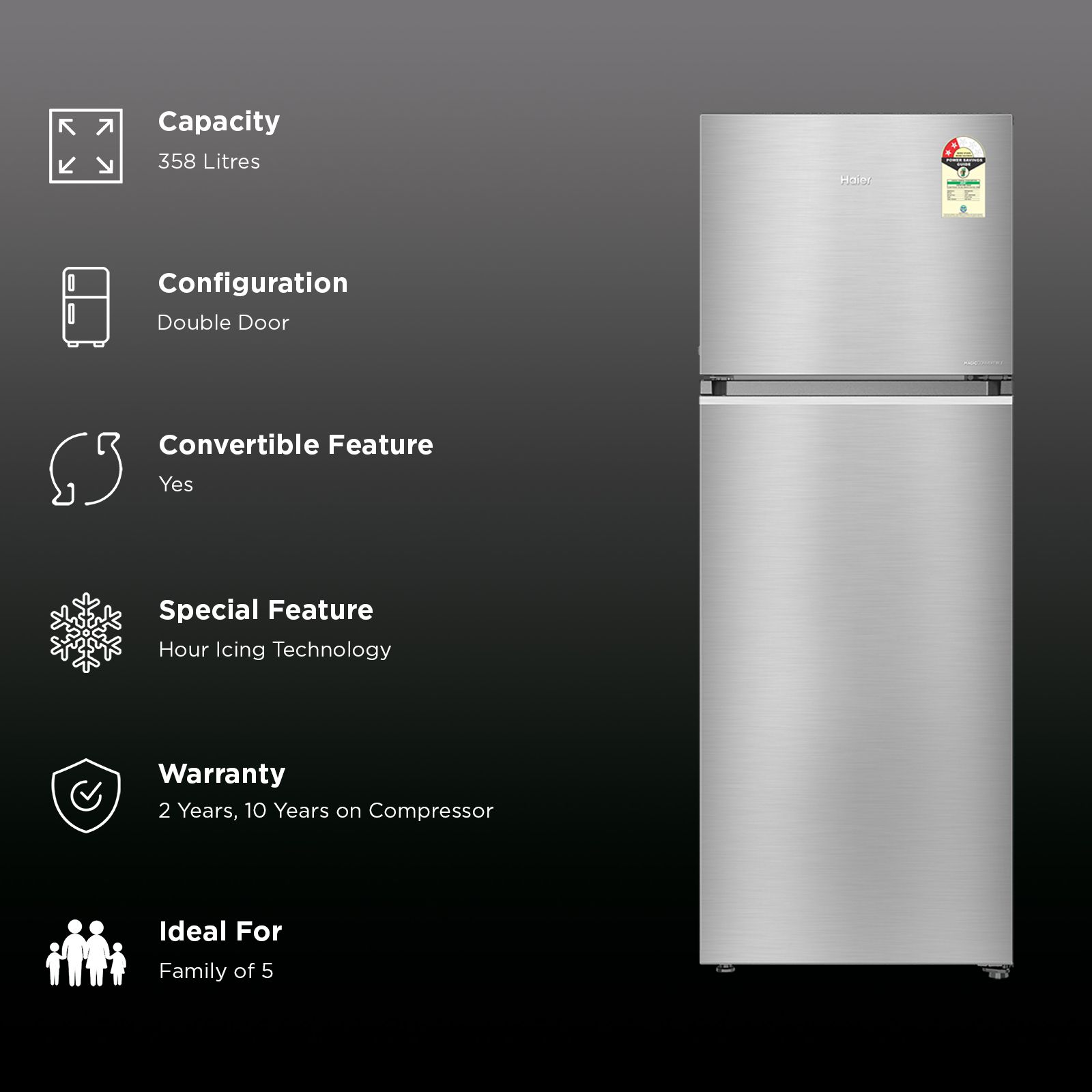 Haier 358 Litres 2 Star Frost Free Double Door Convertible Refrigerator with Triple Inverter Technology (HRF-4082BISA-P, Inox Steel) (2026 Model) (2026 Model)_2
