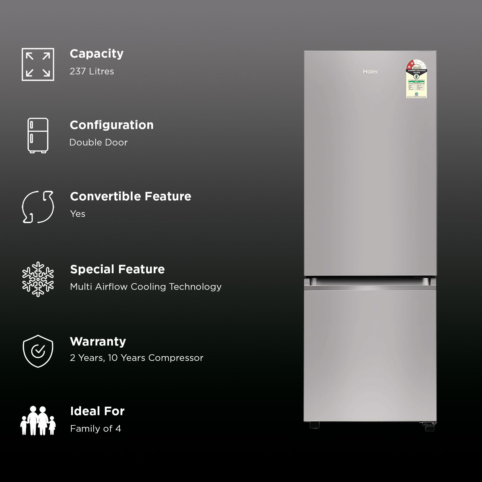 Haier 237 Litres 2 Star Frost Free Double Door Bottom Mount Convertible Refrigerator with Faster Ice Making in 49 Minutes (HRB-2872IETSA-P, Titanium Steel) (2026 Model)_2