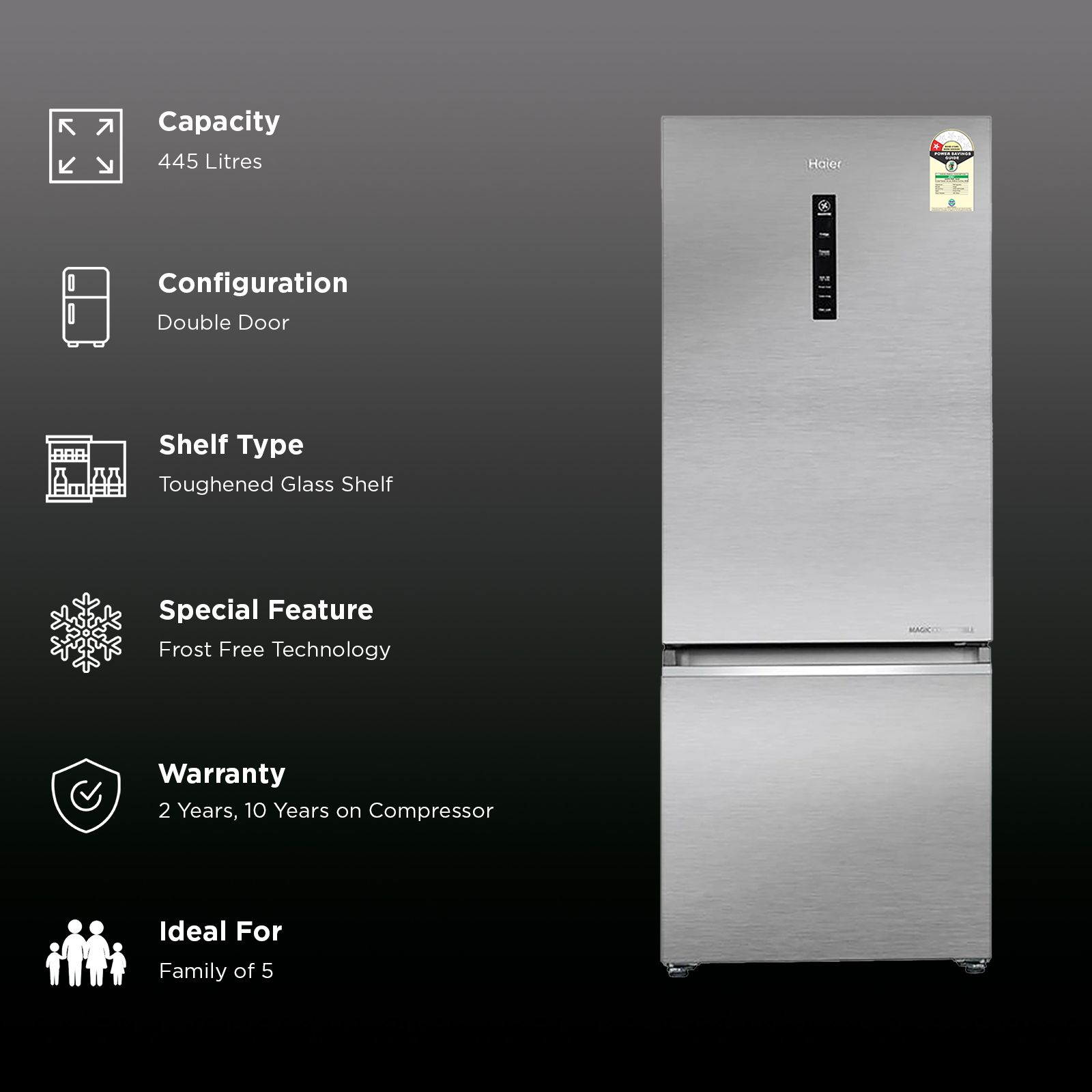 Haier 445 Litres 1 Star Frost Free Double Door Bottom Mount Convertible Refrigerator with Triple Inverter Technology (HRB-4951BISA-P, Inox Steel) (2026 Model)_2