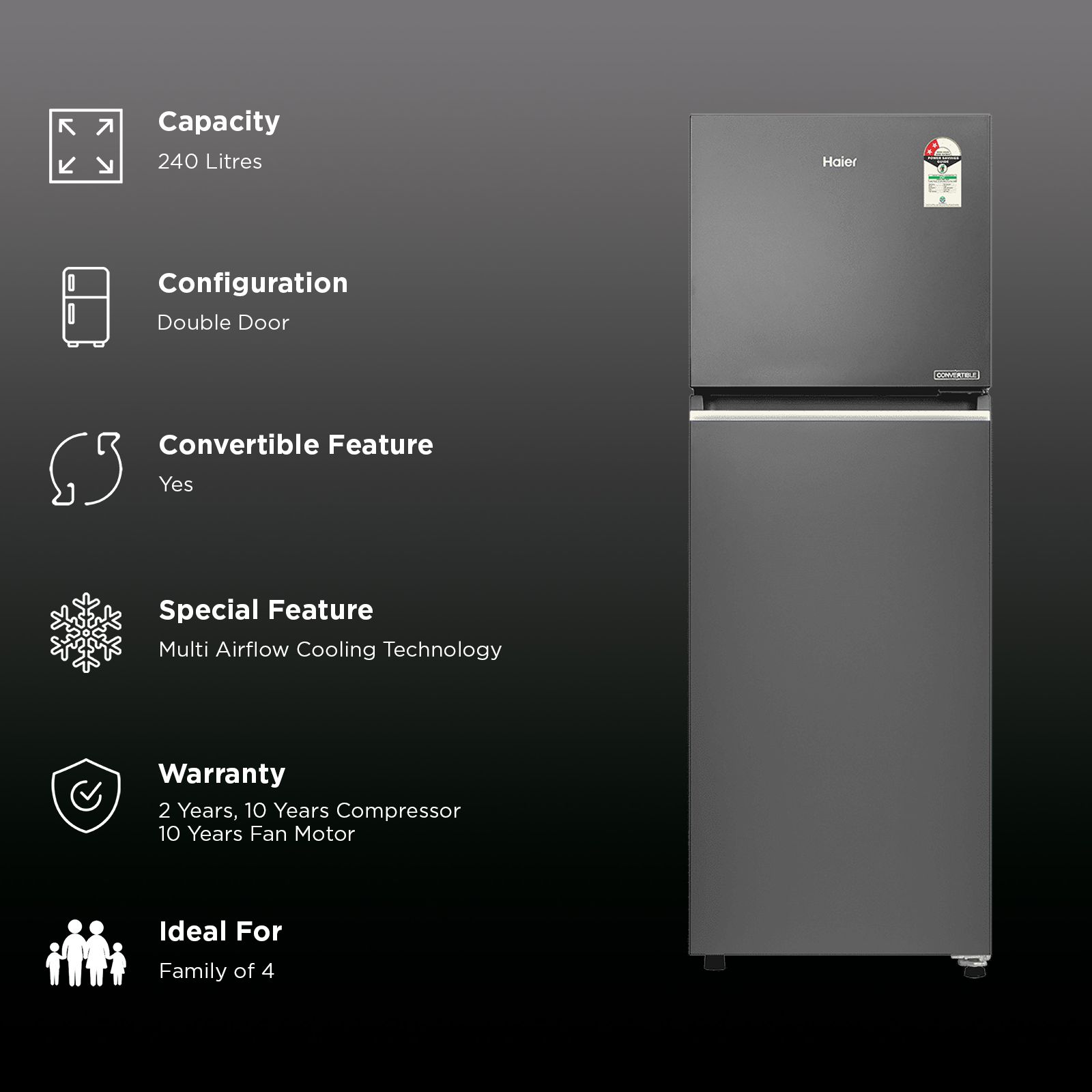 Haier 240 Litres 2 Star Frost Free Double Door Convertible Refrigerator with 200% Faster Ice Maker (HRF-2902IBGBA-P, GE Black) (2026 Model) (2026 Model)_2