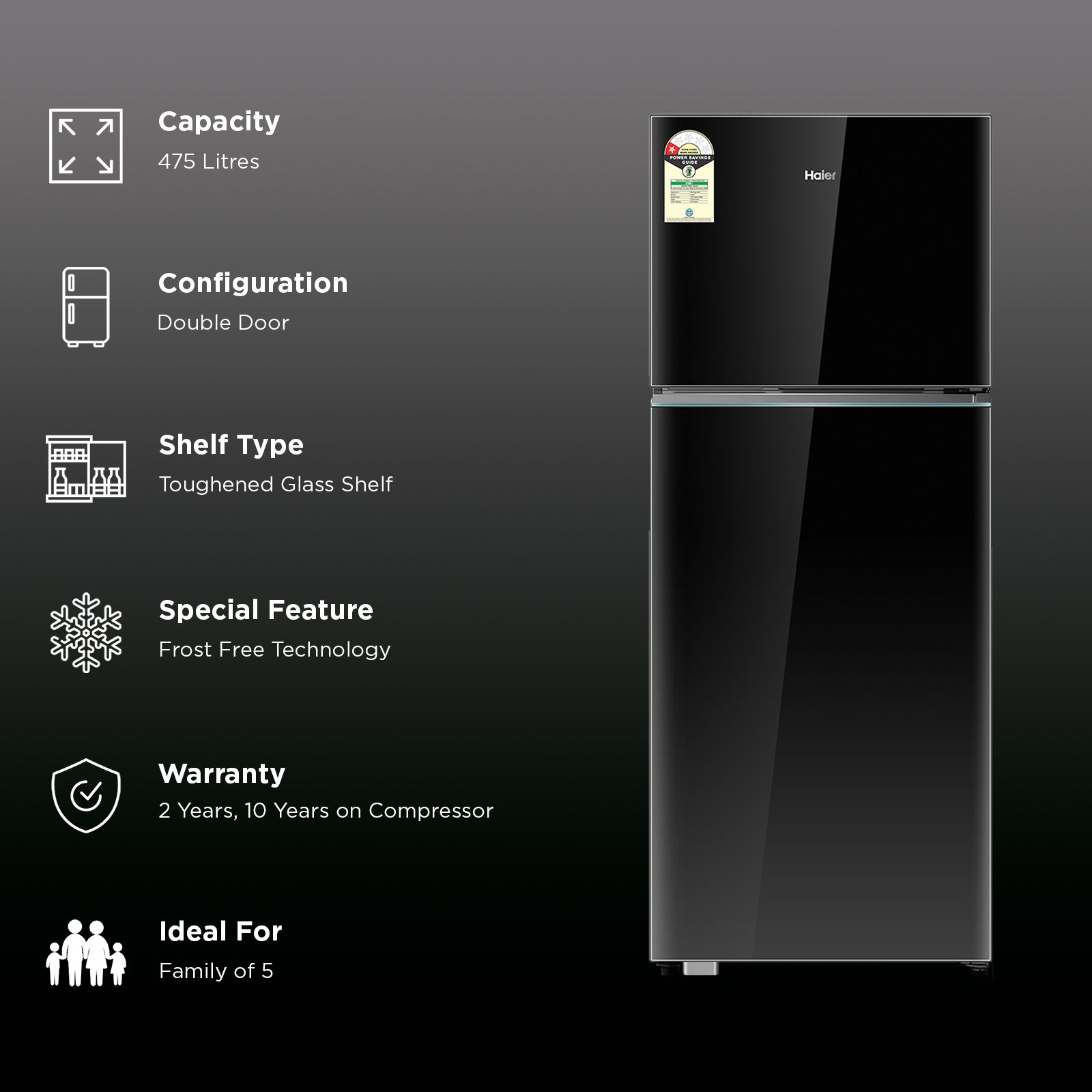 Haier 475 Litres 1 Star Frost Free Double Door Refrigerator with Solar Connectivity (HRF-5251PKGA-N, Black Glass) (2026 Model)_2