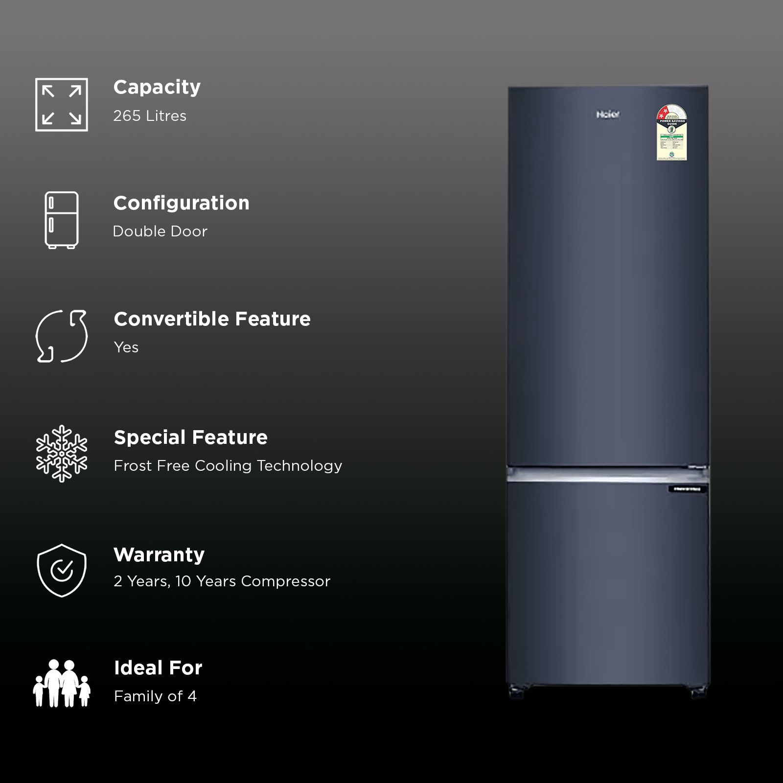 Haier 265 Litres 2 Star Frost Free Double Door Bottom Mount Convertible Refrigerator with 8-in-1 Convertible Modes (HRB-3152IBGKAP, Graphite Black) (2026 Model) (2026 Model)_2