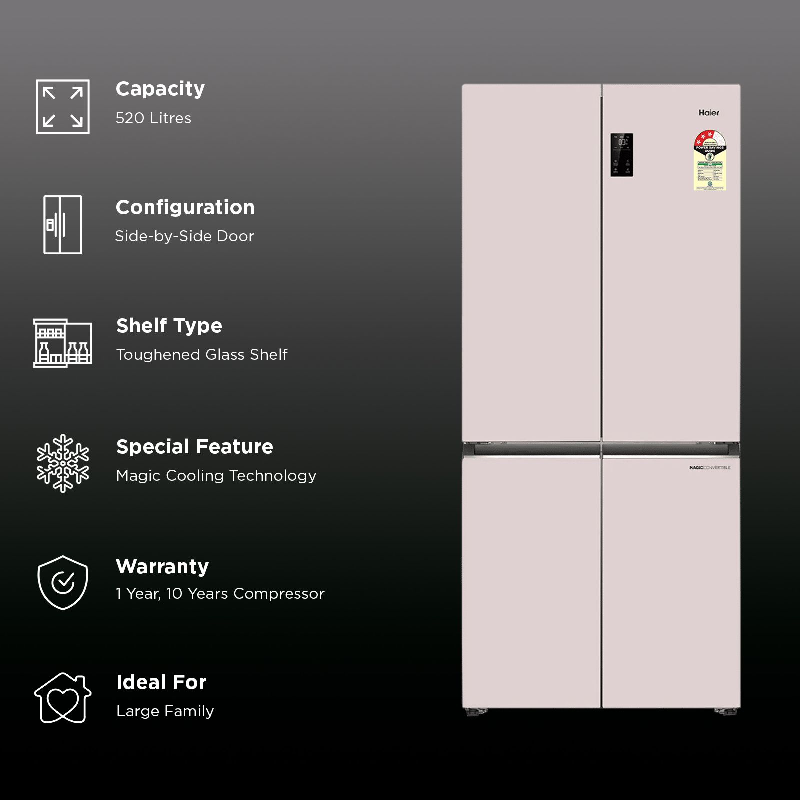 Haier Vogue Lumiere 520 Litres 3 Star Frost Free Side by Side Refrigerator with Digital Display Panel (HRB-600MP, Mauve Pink) (2026 Model)_2