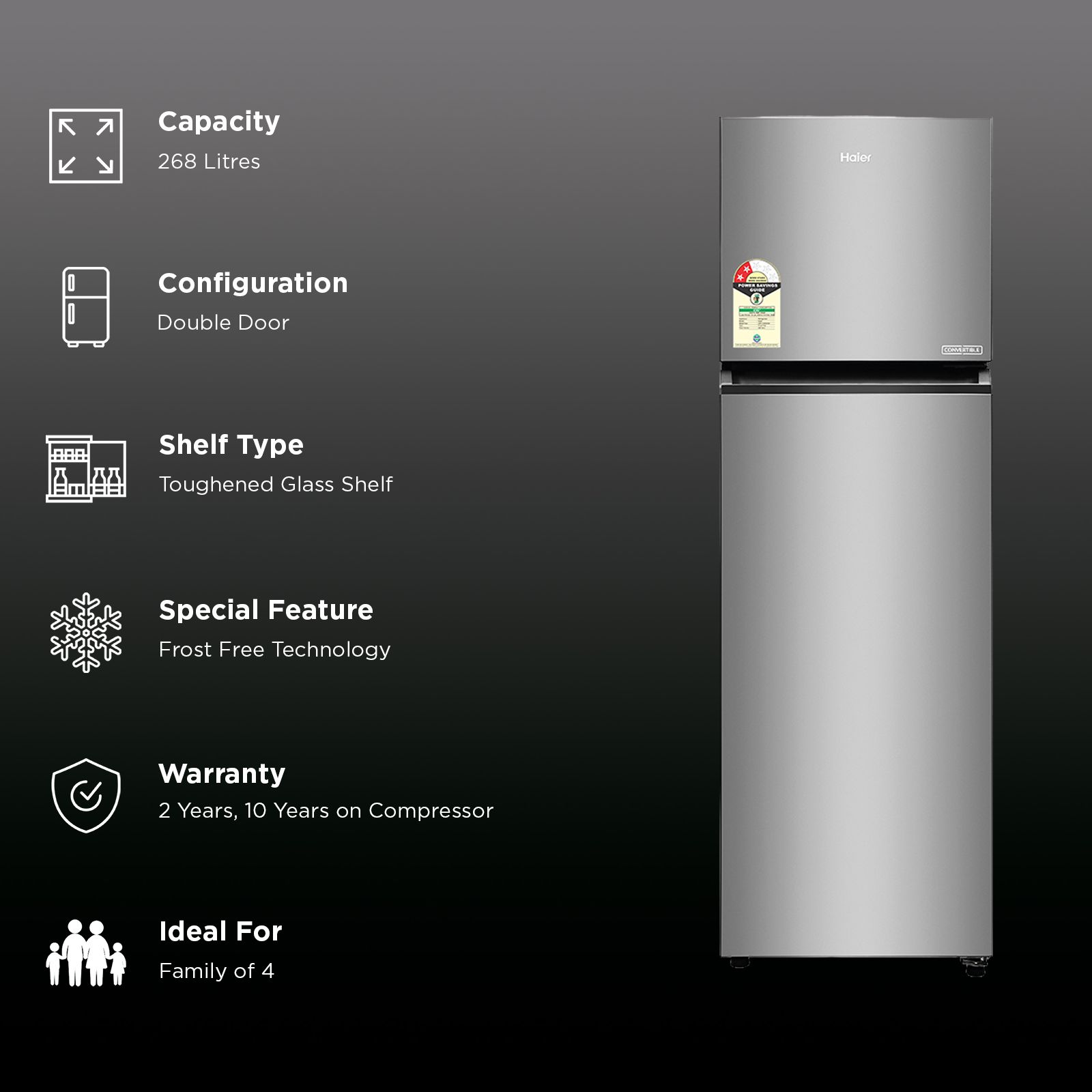 Haier 268 Litres 2 Star Frost Free Double Door Convertible Refrigerator with 200% Faster Ice Maker (HRF-3182IBNSA-P, Nickel Steel) (2026 Model) Haier 268 Litres 2 Star Frost Free Double Door Convertible Refrigerator with 200% Faster Ice Maker (HRF-3182IBNSA-P, Nickel Steel) (2026 Model)_2