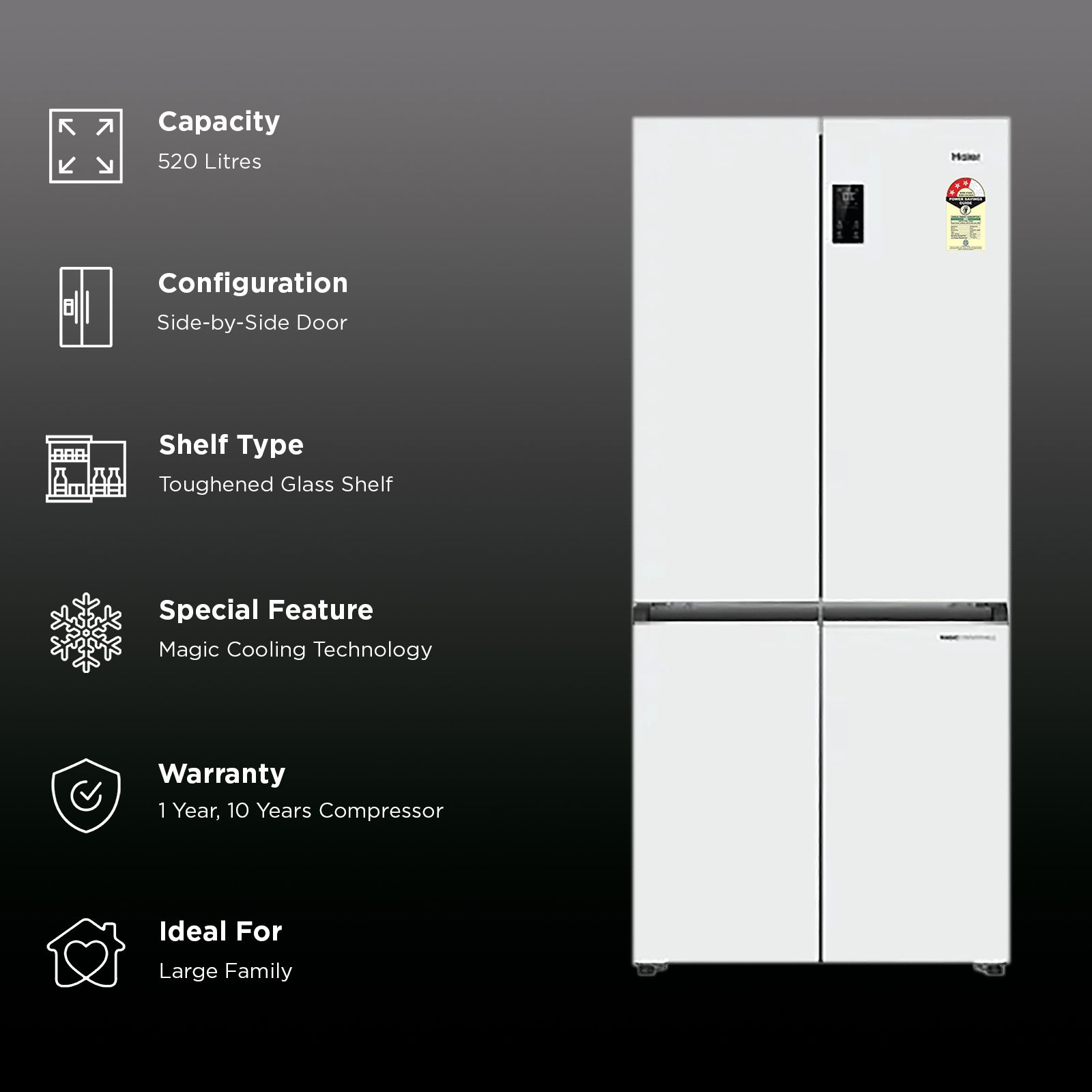Haier Vogue Lumiere 520 Litres 3 Star Frost Free Side by Side Refrigerator with Digital Display Panel (HRB-600PW, Pearl White) (2026 Model)_2