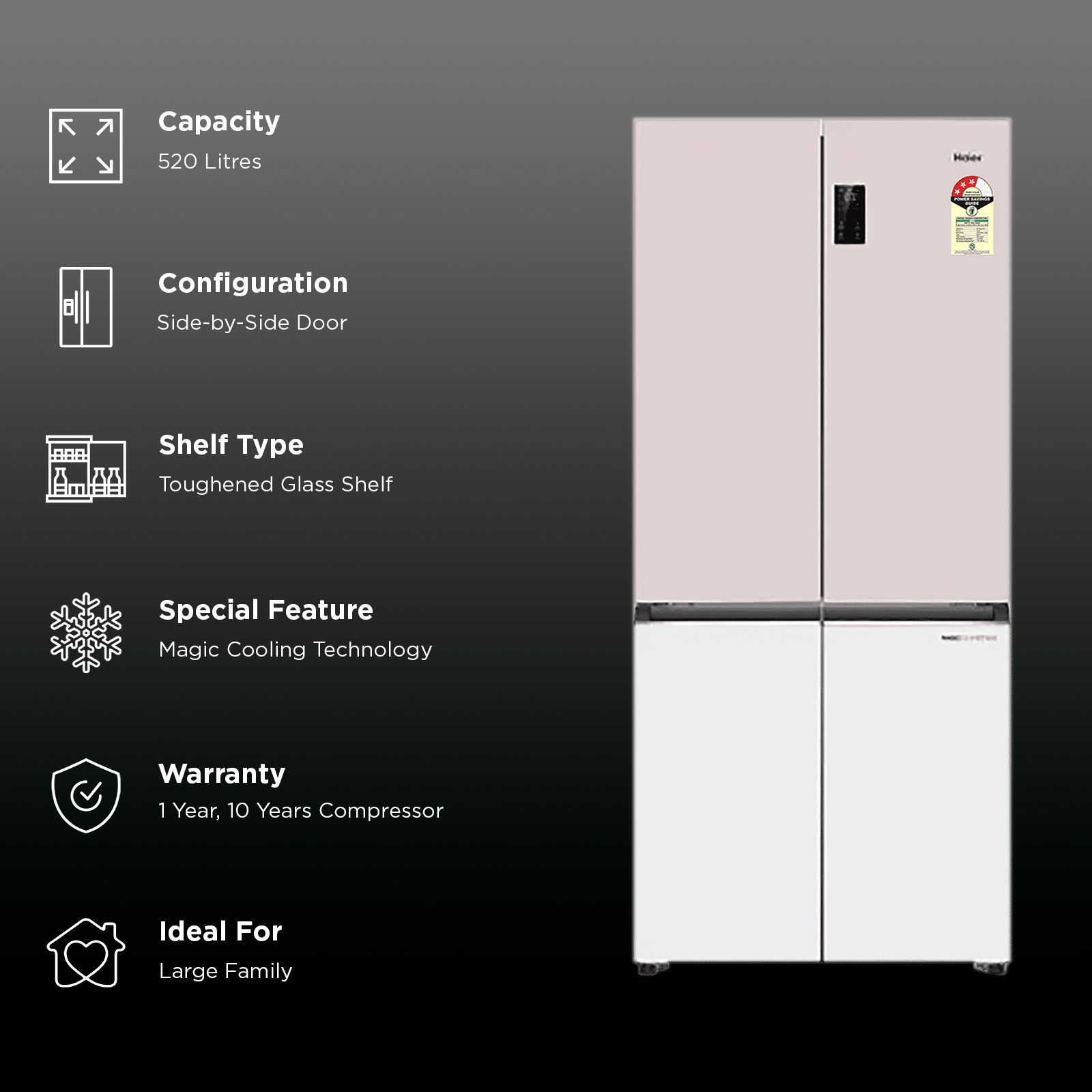 Haier Vogue Lumiere 520 Litres 3 Star Frost Free Side by Side Refrigerator with Digital Display Panel (HRB-600RW, Rosette White) (2026 Model)_2