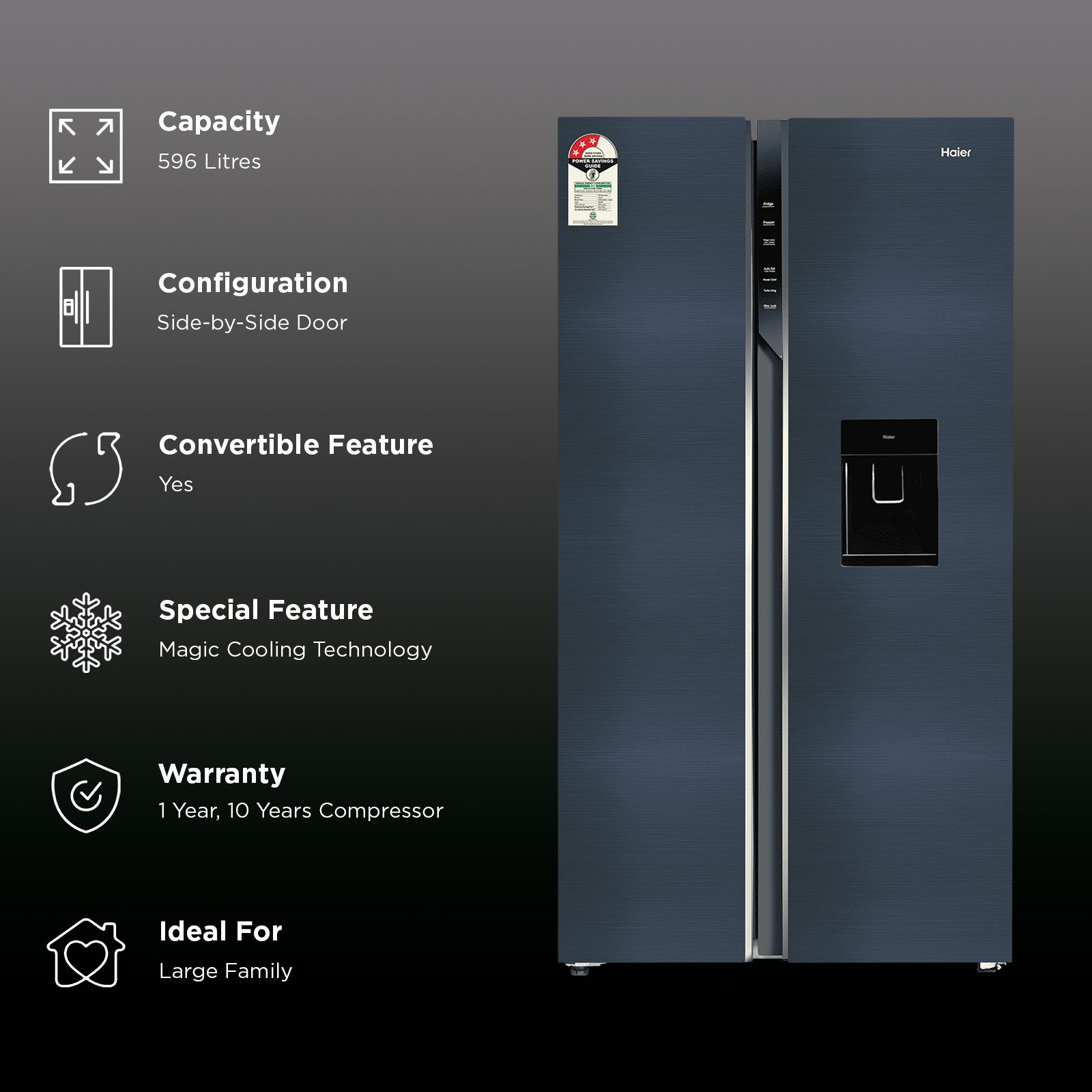Haier 596 Litres 3 Star Frost Free Side by Side Refrigerator with Built-in Water Dispenser (HRS-682WUSU1, Ultramarine Steel) (2026 Model) Haier 596 Litres 3 Star Frost Free Side by Side Refrigerator with Built-in Water Dispenser (HRS-682WUSU1, Ultramarine Steel) (2026 Model)_2