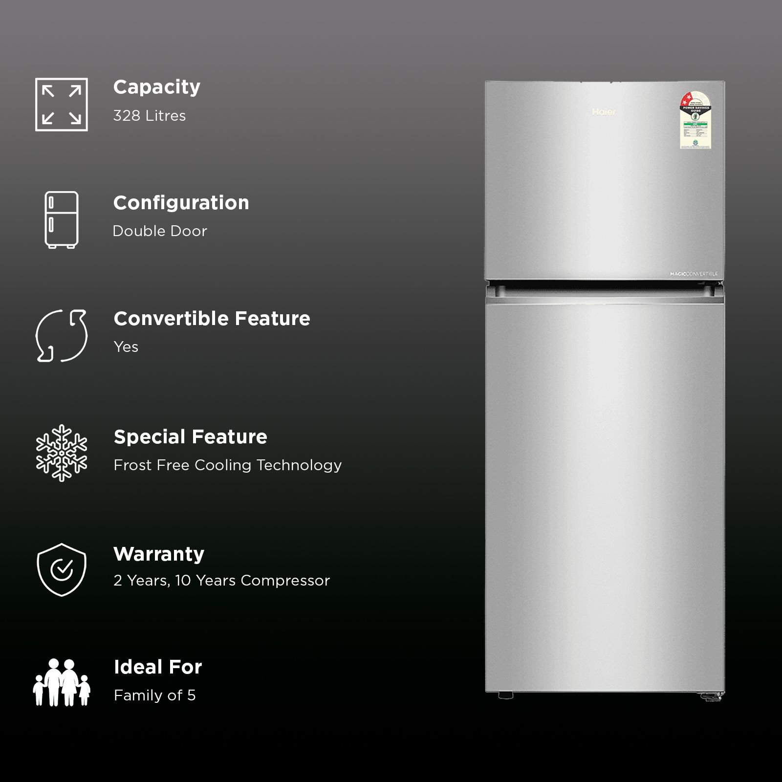 Haier 328 Litres 2 Star Frost Free Double Door Convertible Refrigerator with Triple Inverter Technology (HRF-3782BNSA-P, Nickel Steel) (2026 Model) (2026 Model)_2