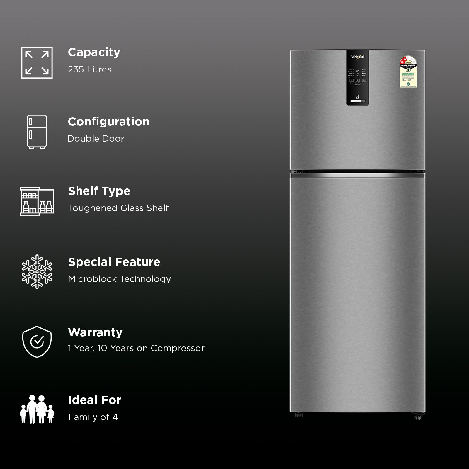 Whirlpool Intellifresh Pro 235 Litres 2 Star Frost Free Double Door Convertible Refrigerator with Stabilizer Free Operation (22344, Silver) (2026 Model)_2