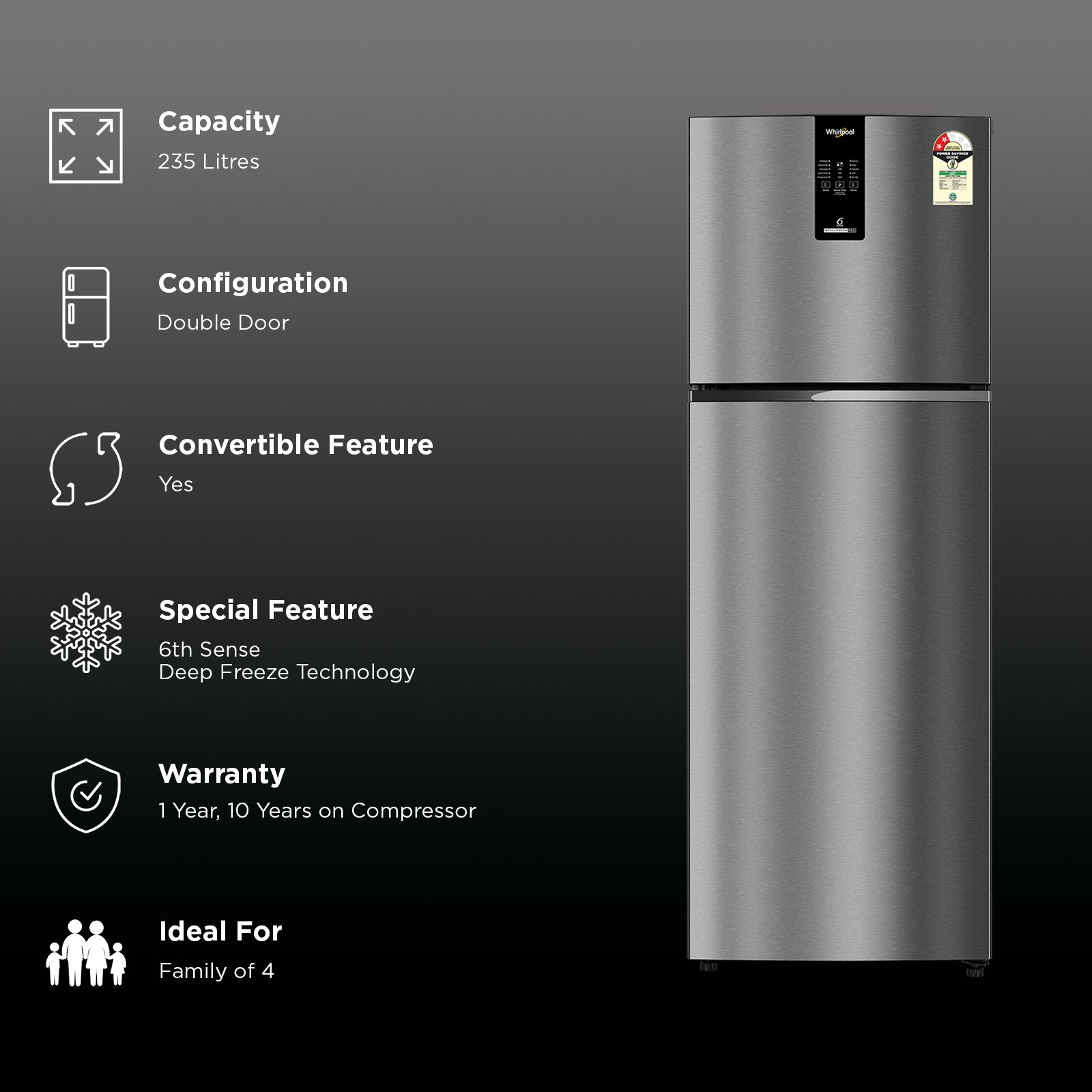 Whirlpool Intellifresh Pro 308 Litres 2 Star Frost Free Double Door Convertible Refrigerator with 6th Sense Deep Freeze Technology (22409, Silver) (2026 Model)_2