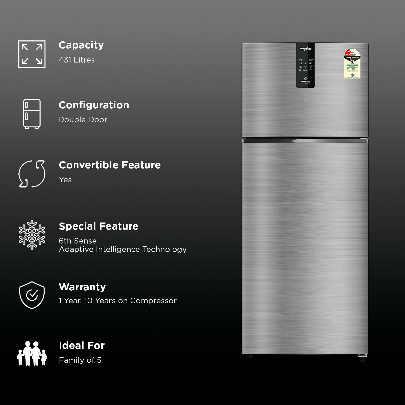 Whirlpool Intellifresh 431 Litres 2 Star Frost Free Convertible Refrigerator with Microblock Technology (22440, Silver) (2026 Model) Whirlpool Intellifresh 431 Litres 2 Star Frost Free Convertible Refrigerator with Microblock Technology (22440, Silver) (2026 Model)_2