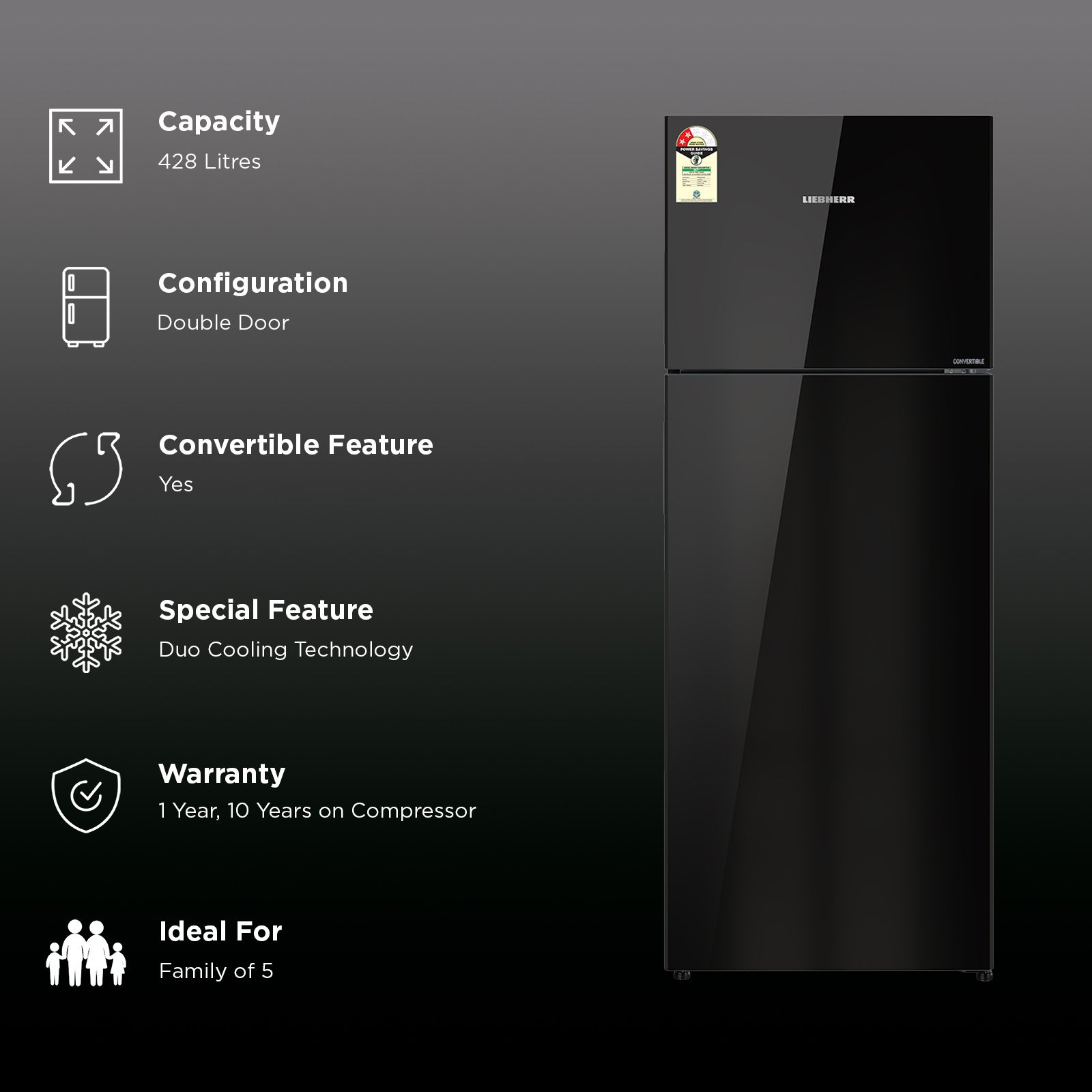 Liebherr Cluster 3 428 Litres 2 Star Frost Free Double Door Convertible Refrigerator with Duo Cool Technology (TVPbgB 4231, Black Gloss) (2026 Model)_2