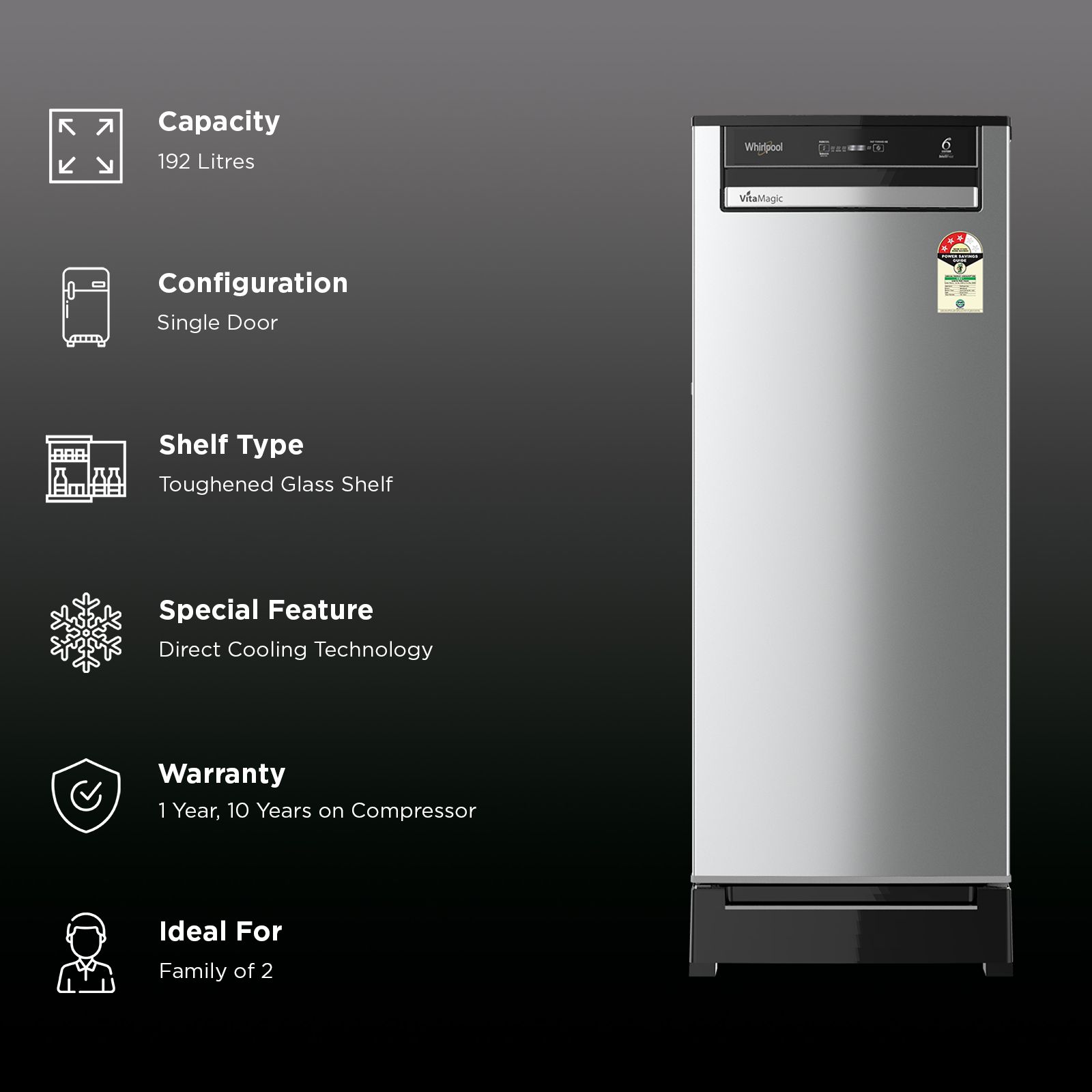 Whirlpool Vitamagic Pro 192 Litres 3 Star Direct Cool Single Door Refrigerator with Zeolite Technology (73698, Alpha Steel) Whirlpool Vitamagic Pro 192 Litres 3 Star Direct Cool Single Door Refrigerator with Zeolite Technology (73698, Alpha Steel)_2