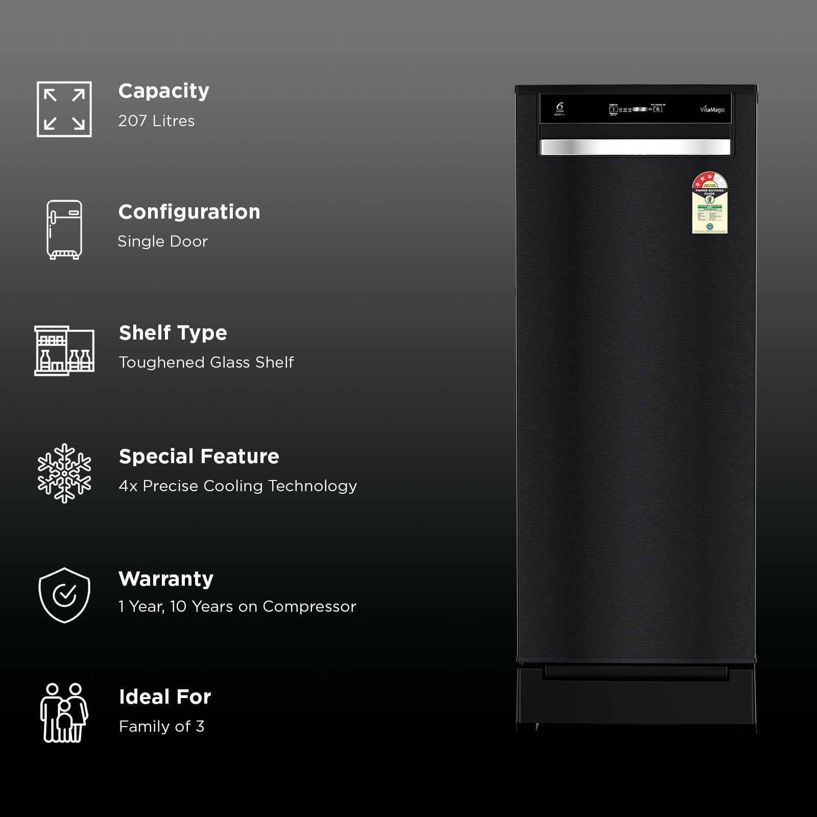 Whirlpool Vitamagic Pro 207 Litres 3 Star Direct Cool Single Door Refrigerator with 6th Sense Intellifrost Technology (73817, Gravity Black) Whirlpool Vitamagic Pro 207 Litres 3 Star Direct Cool Single Door Refrigerator with 6th Sense Intellifrost Technology (73817, Gravity Black)_2