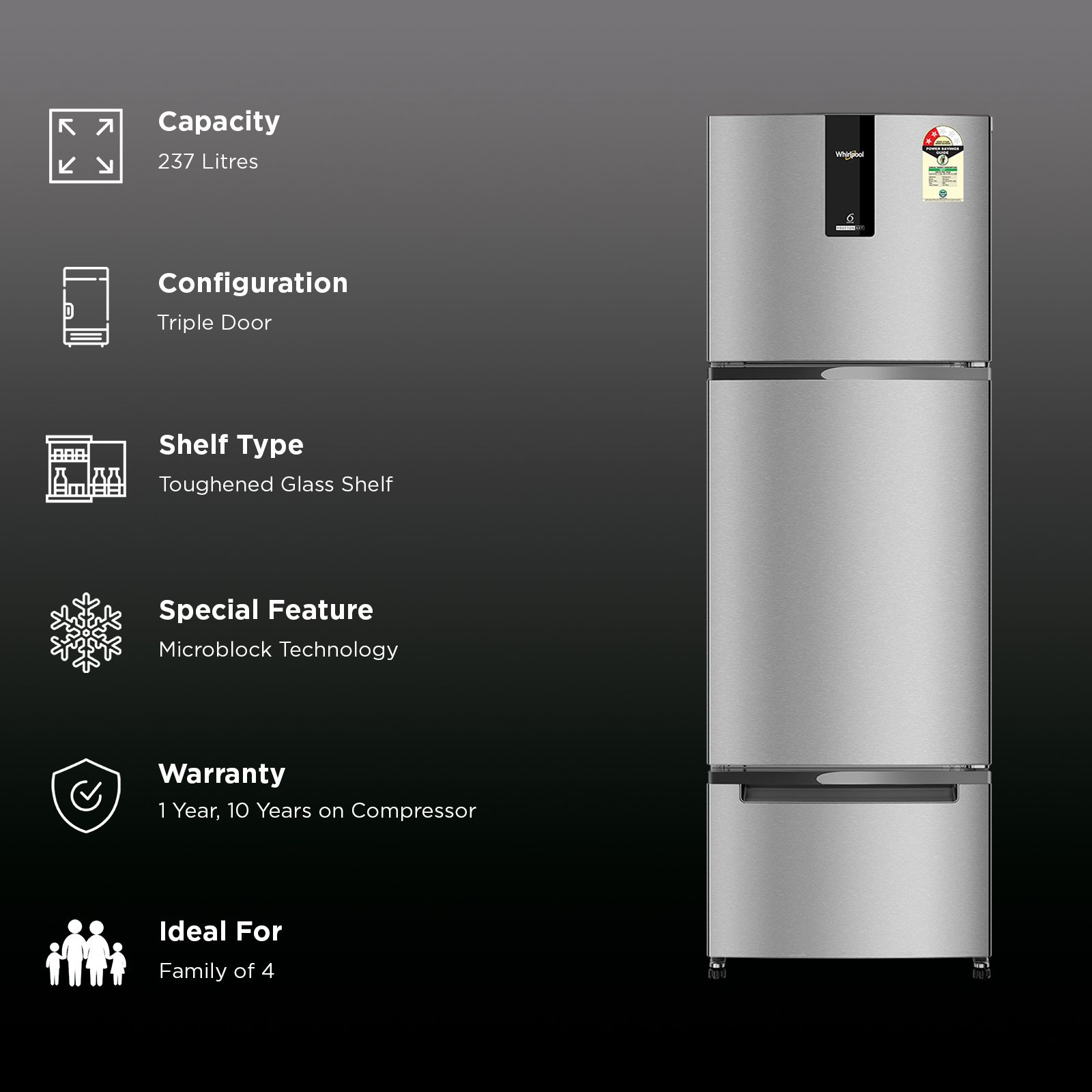 Whirlpool Protton Nxt 237 Litres 2 Star Frost Free Triple Door Convertible Refrigerator with Microblock Technology (22355, Silver) (2026 Model)_2