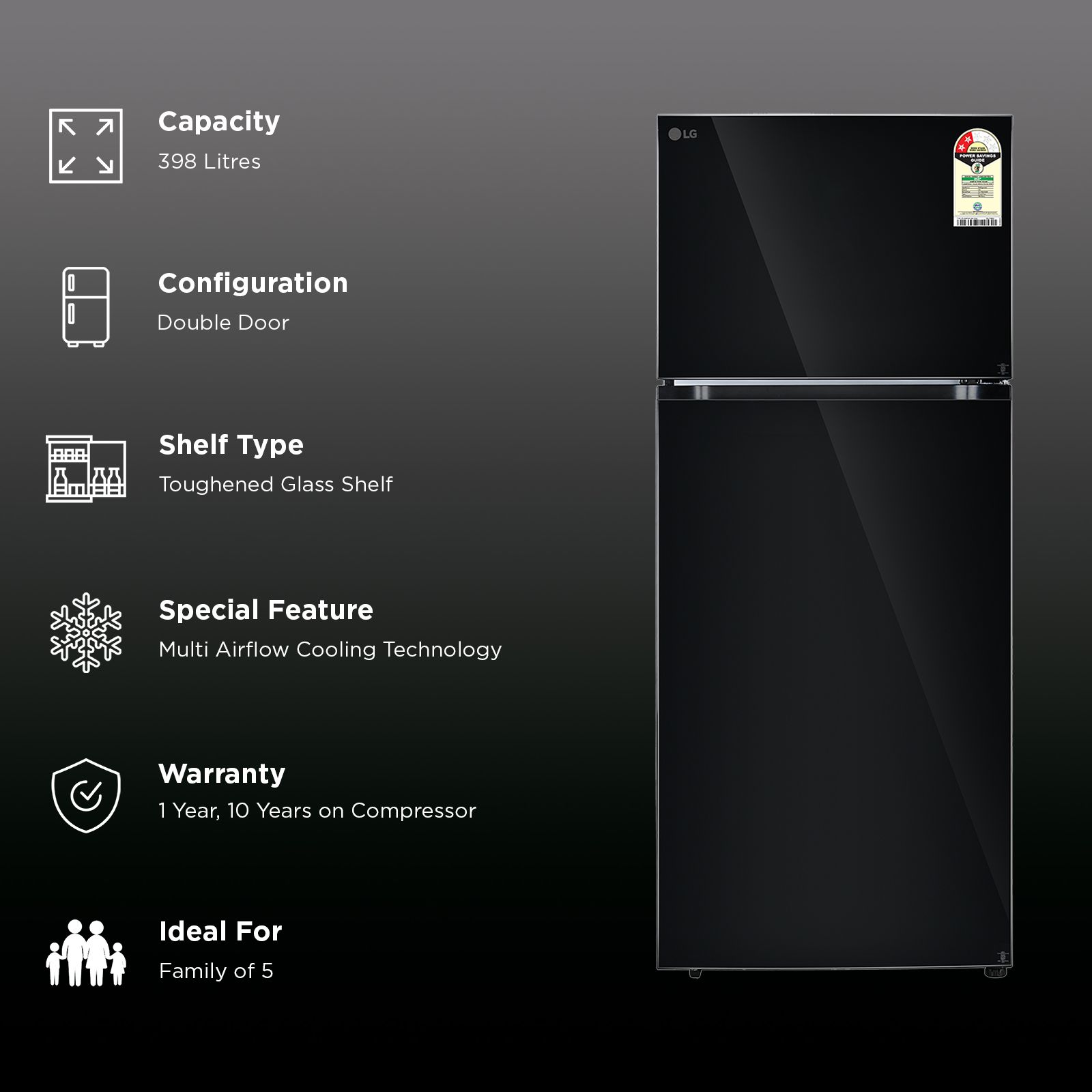 LG 398 Litres 2 Star Frost Free Double Door Convertible Refrigerator with Smart Inverter Compressor (GLT4026SNBM, Black Mirror)_2