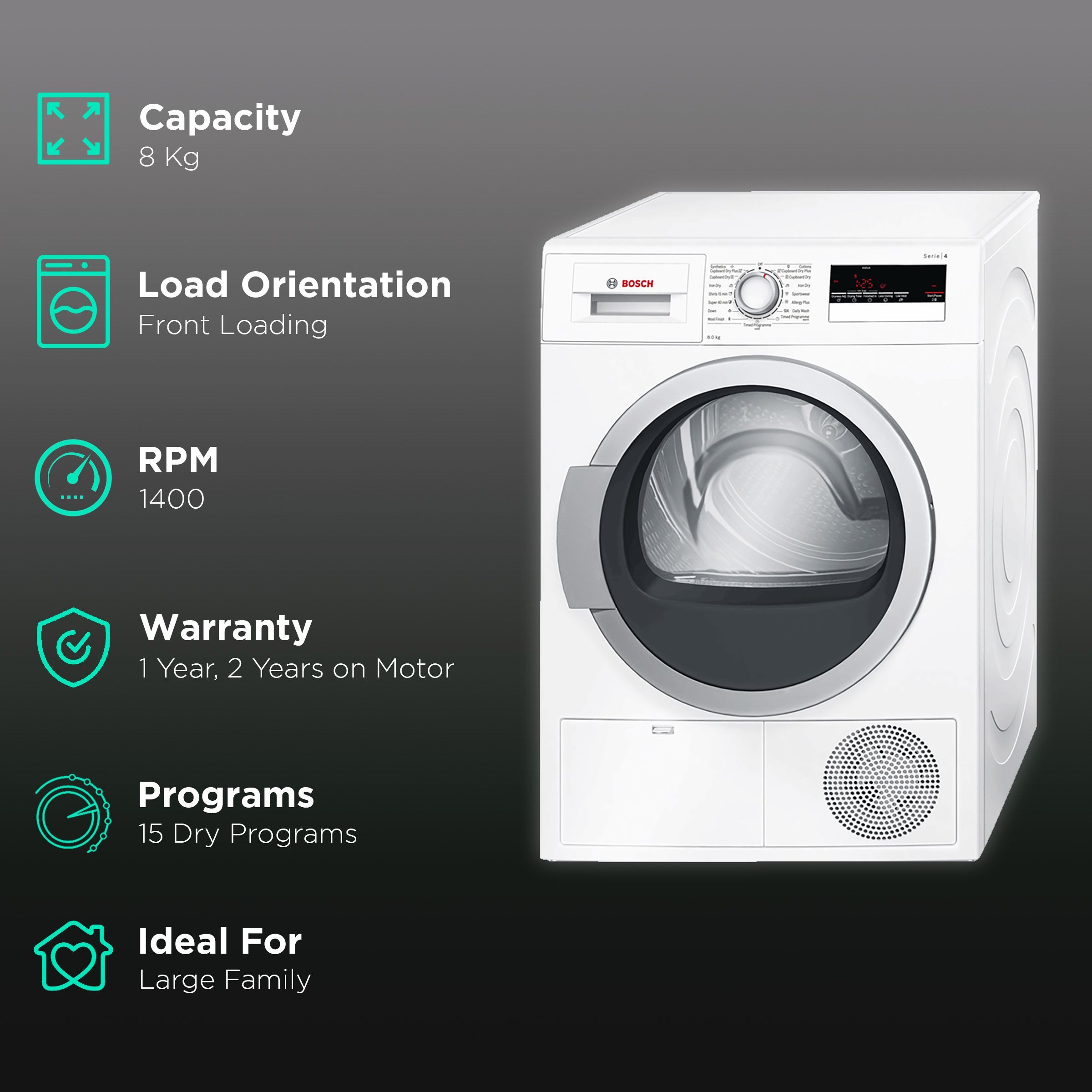 BOSCH 8 kg Fully Automatic Front Load Dryer (Series 4, WTB86202IN, In-Built Heater, White)_2