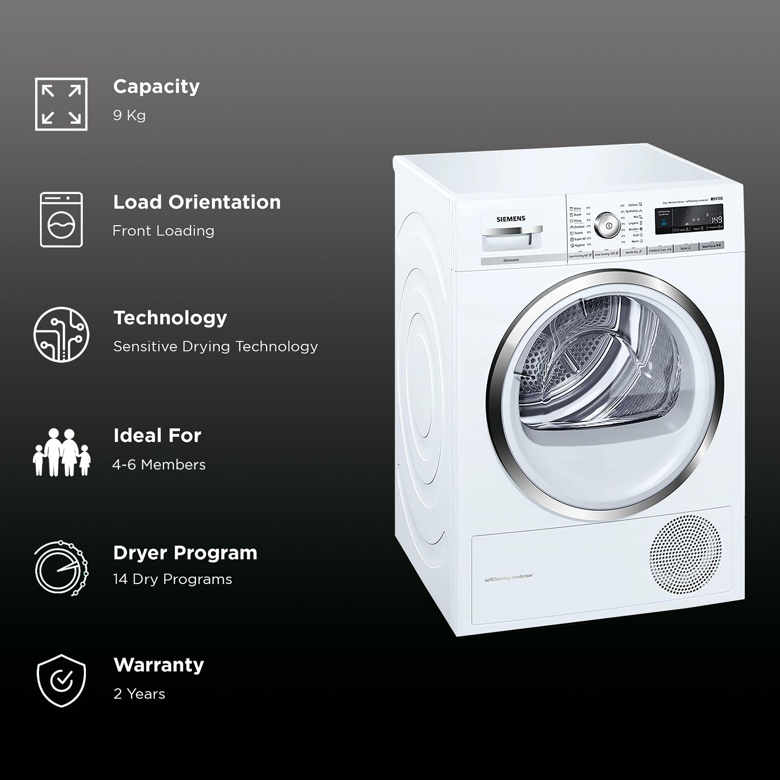 SIEMENS 9 kg Fully Automatic Front Load Dryer (iQ700, WT45W460IN, Sensitive Drying System, White)_2