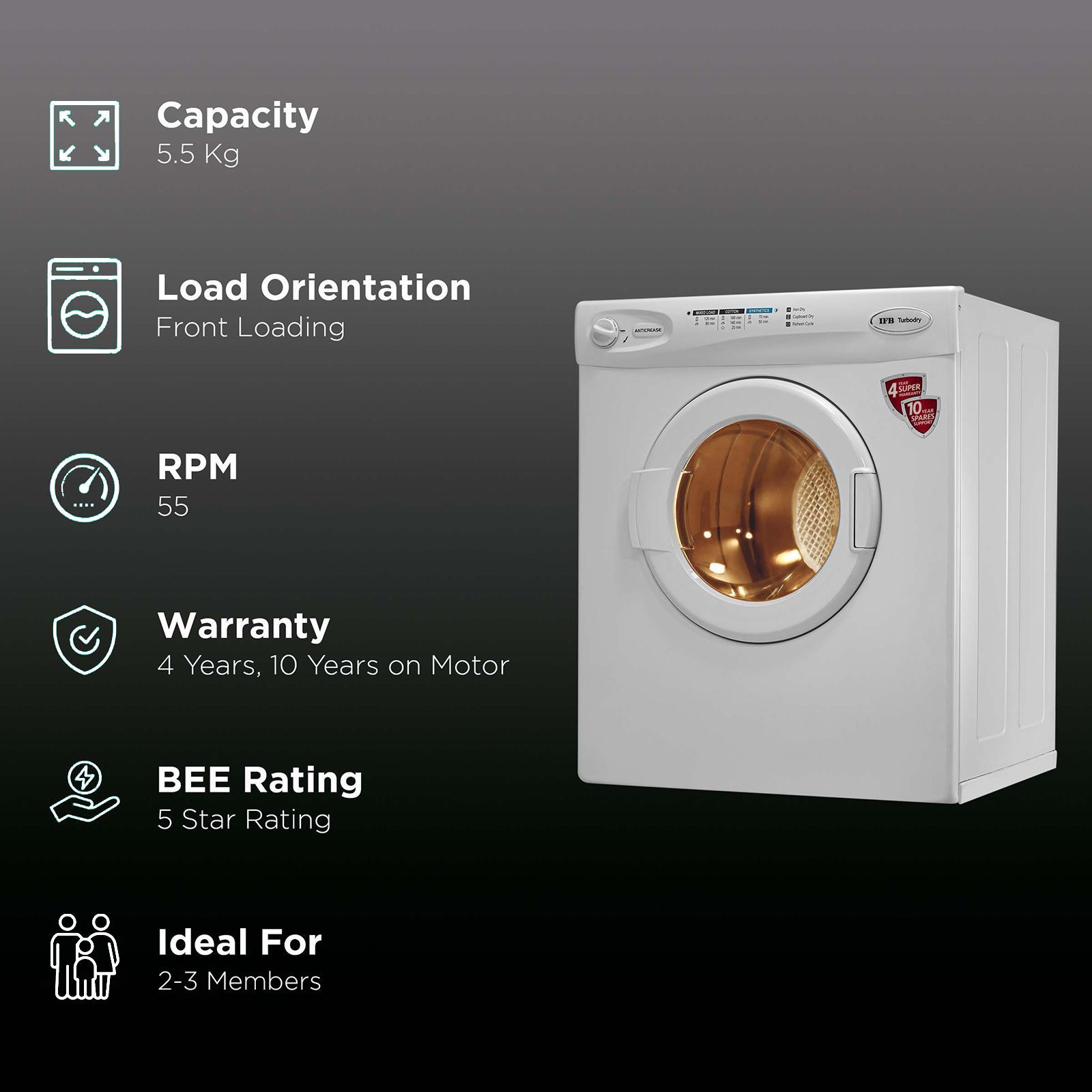 IFB 5.5 kg 5 Star Fully Automatic Front Load Dryer (TURBO DRY 550, Lint Filter, White)_2