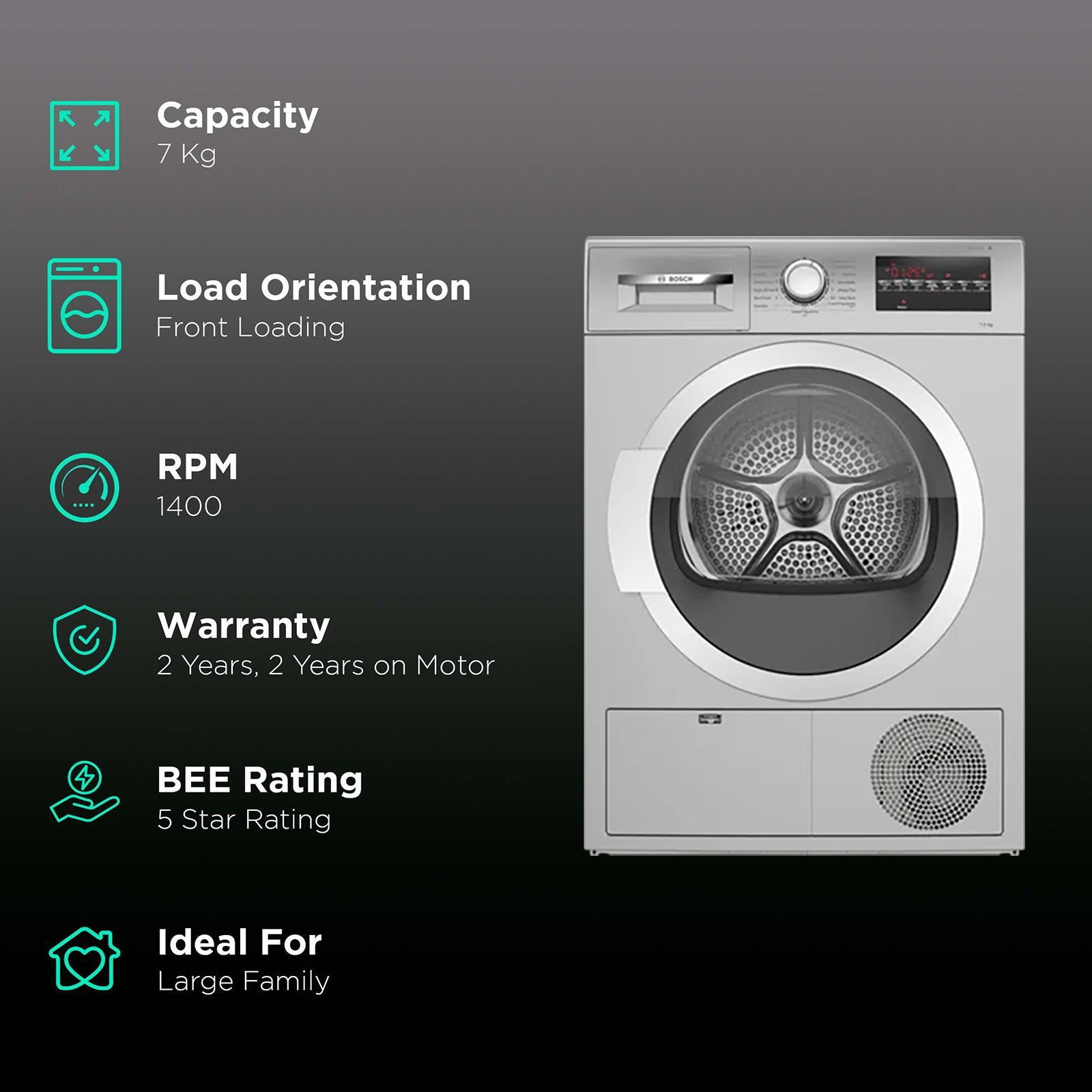 BOSCH 7 kg 5 Star Fully Automatic Front Load Dryer (Series 4, WTG86409IN, In-Built Heater, Silver)_2